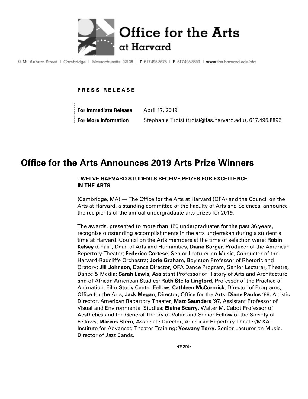 Office for the Arts Announces 2019 Arts Prize Winners