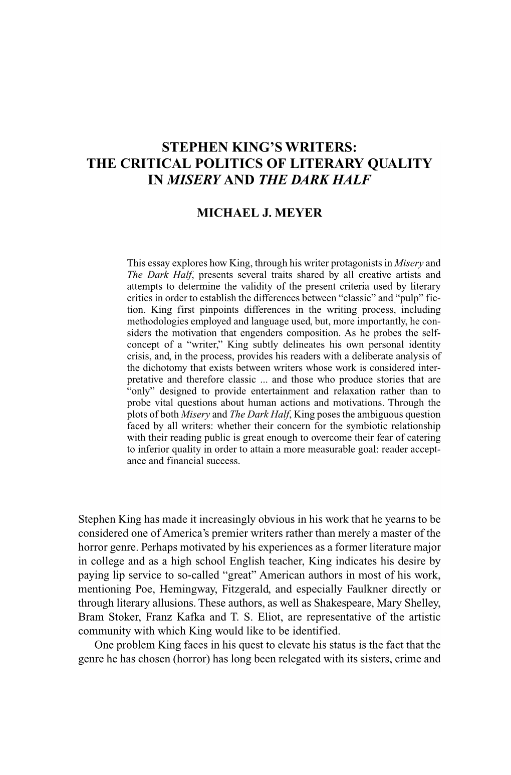 Stephen King's Writers: the Critical Politics of Literary Quality in Misery and the Dark Half