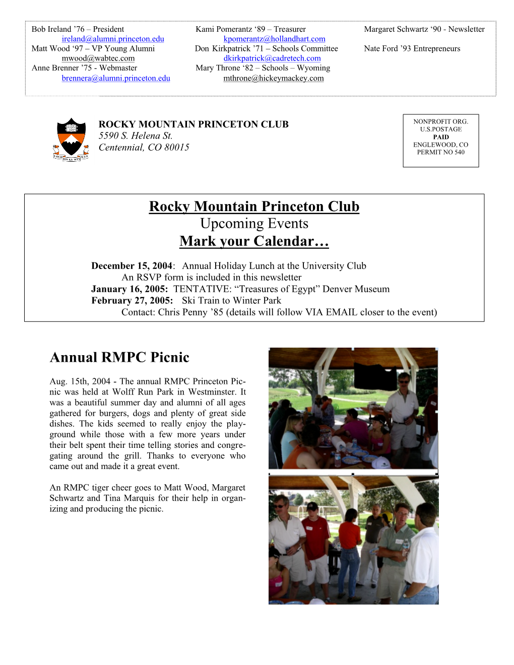 Annual RMPC Picnic Rocky Mountain Princeton Club Upcoming Events Mark Your Calendar…