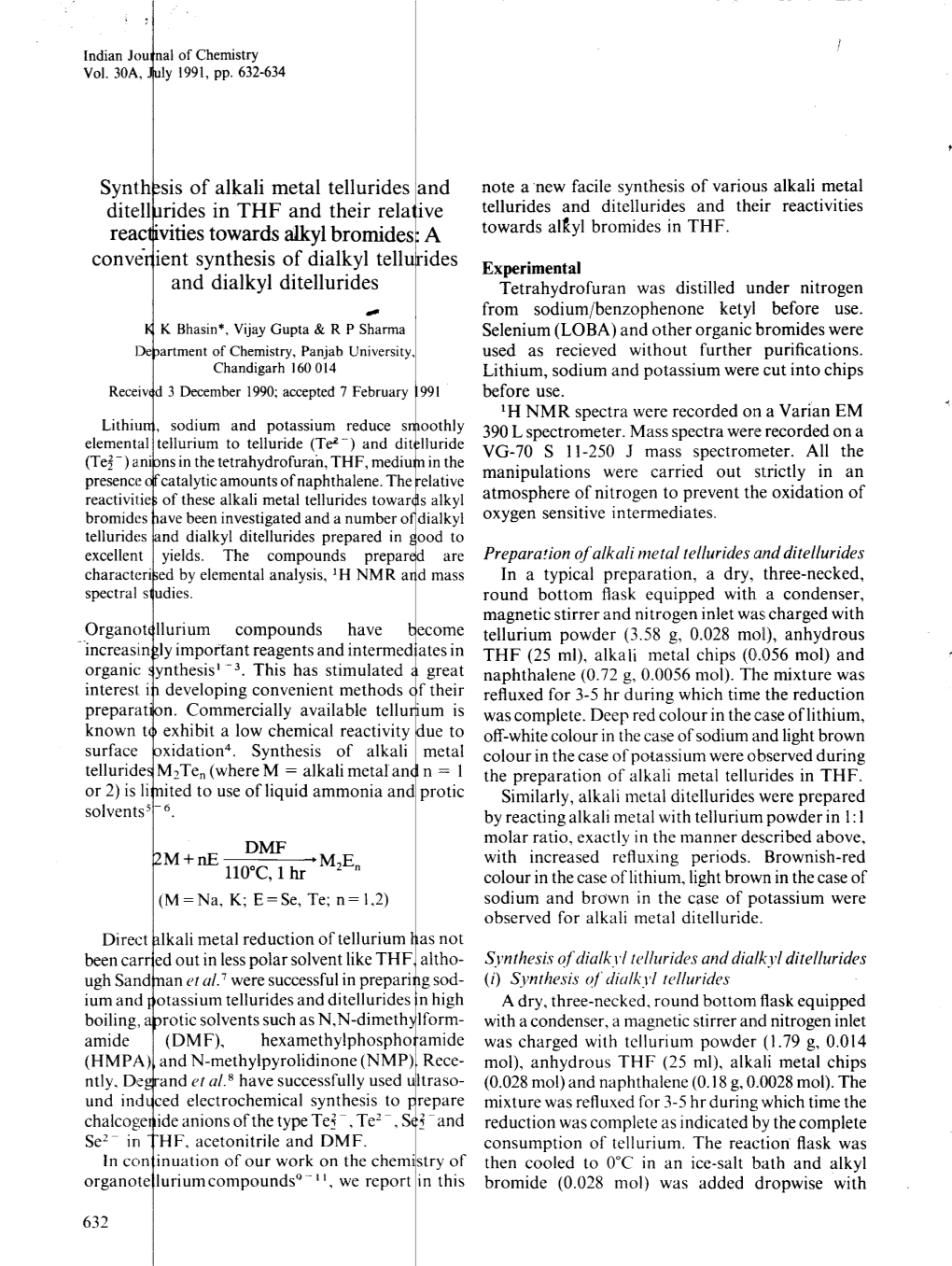 Syntlsis of Alkali Metal Telluridesfnd Ditell Rides in THF and Their Rela Ive