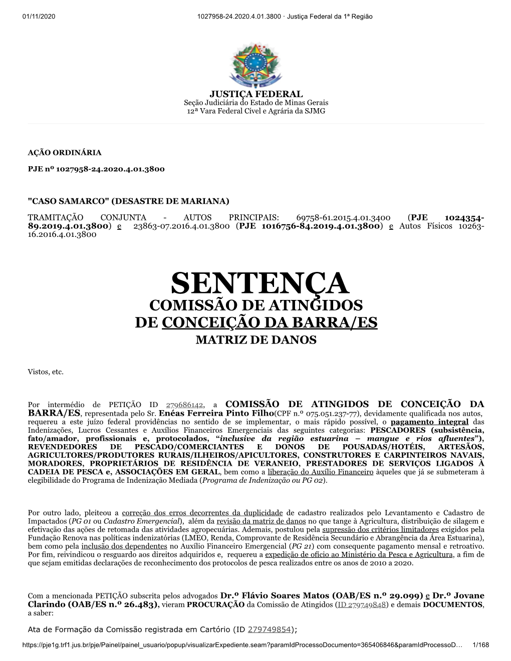 Sentença Comissão De Atingidos De Conceição Da Barra/Es Matriz De Danos