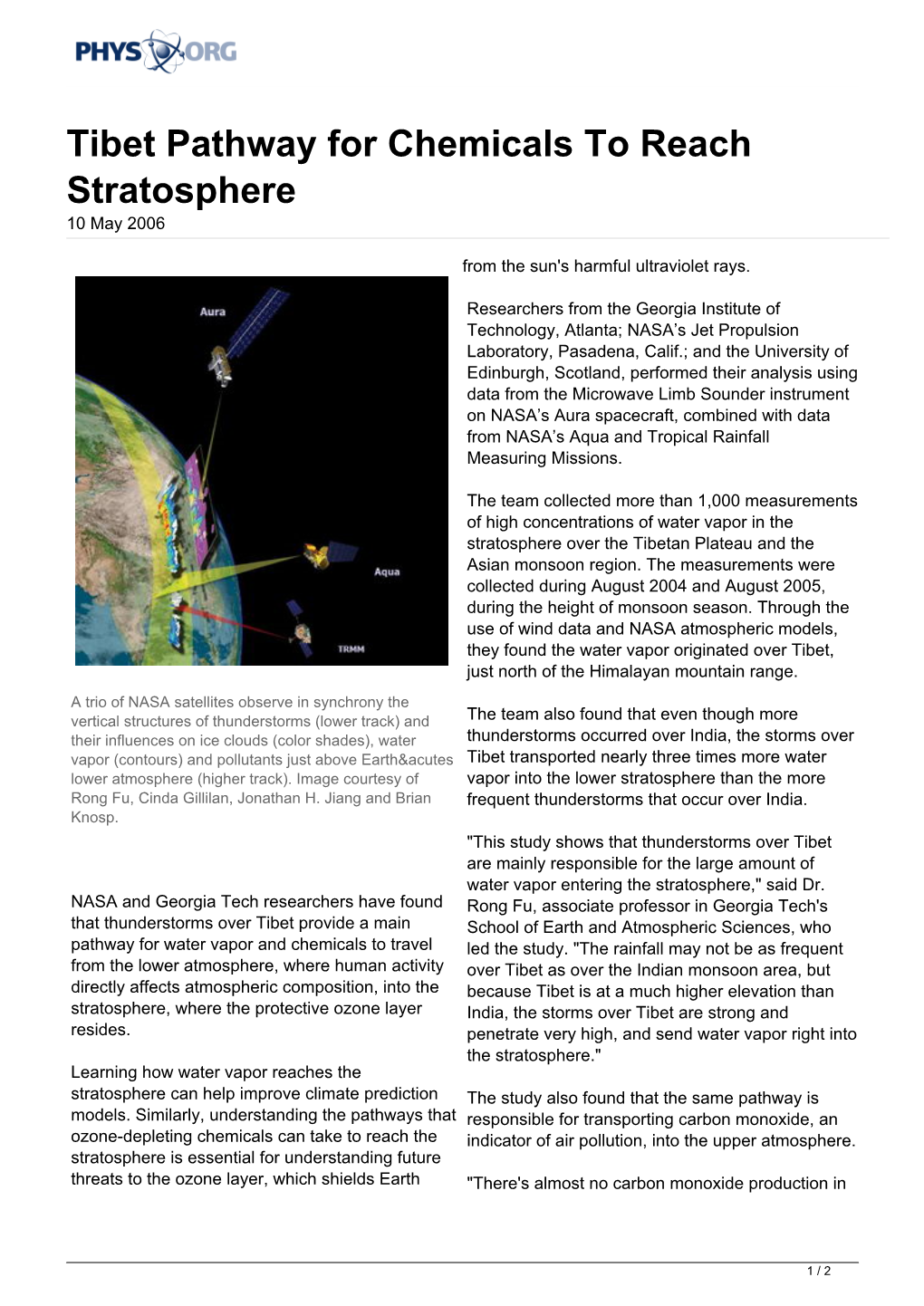 Tibet Pathway for Chemicals to Reach Stratosphere 10 May 2006