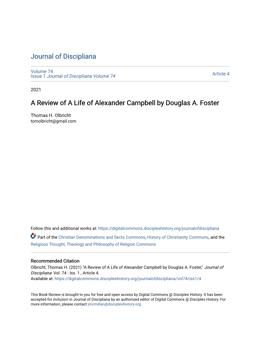 A Review of a Life of Alexander Campbell by Douglas A. Foster