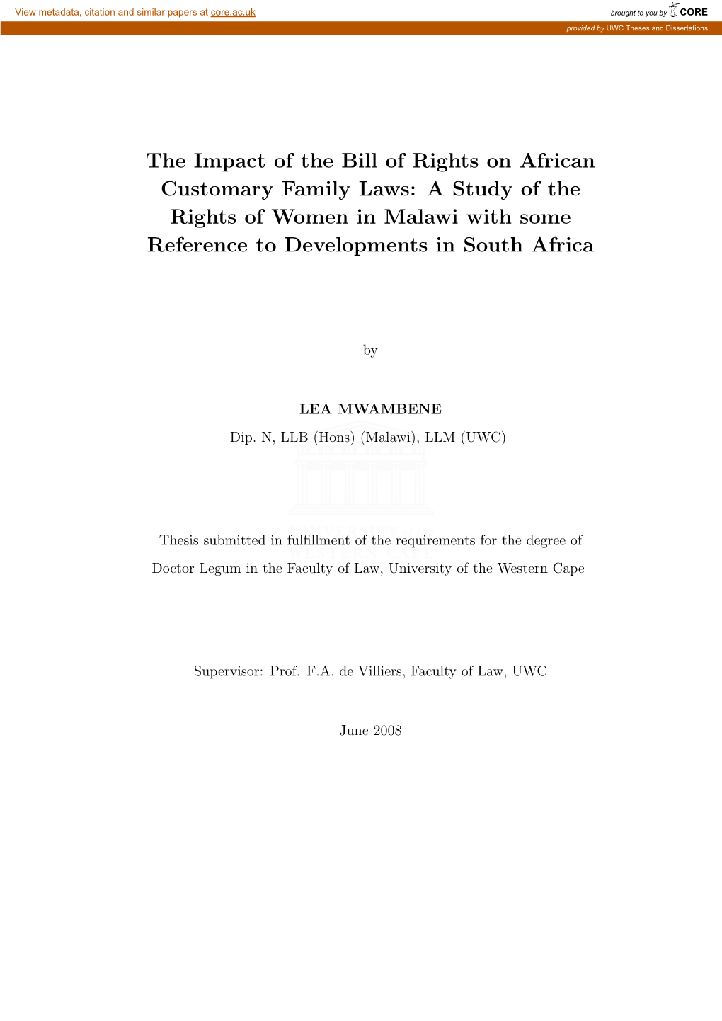 The Impact of the Bill of Rights on African Customary Family Laws: A