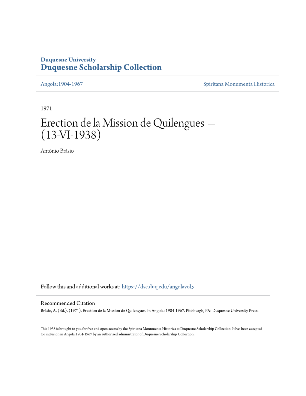 Erection De La Mission De Quilengues Â•Fl (13-VI-1938)