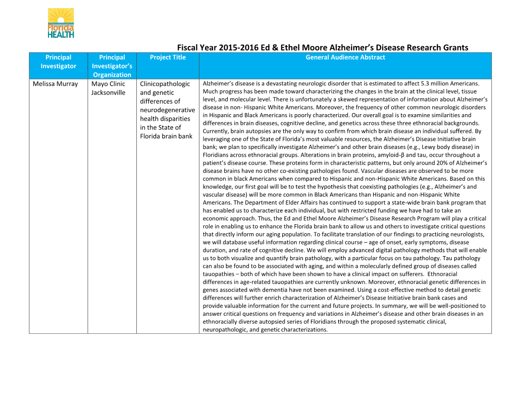 Fiscal Year 2015-2016 Ed & Ethel Moore Alzheimer's Disease