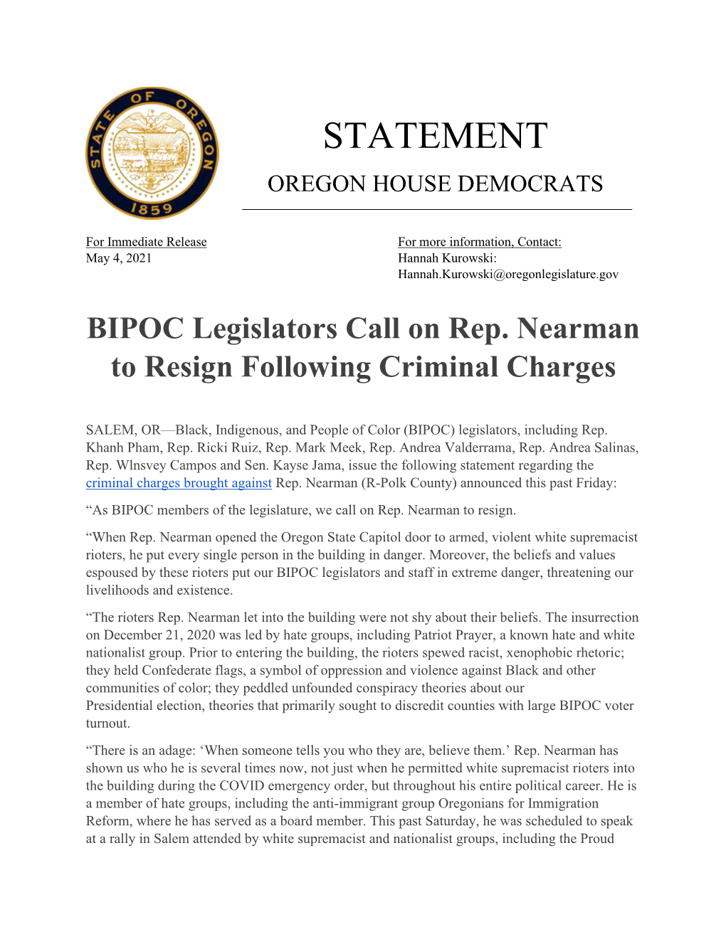 BIPOC Legislators Call on Rep. Nearman to Resign Following Criminal Charges