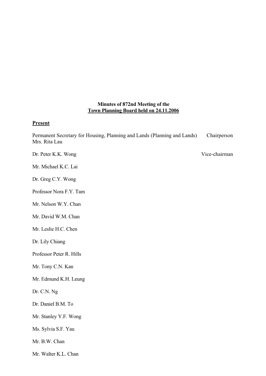 Minutes of 872Nd Meeting of the Town Planning Board Held on 24.11.2006