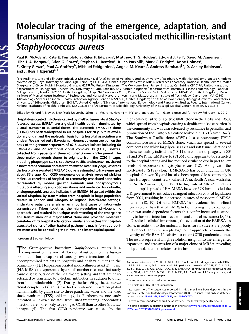 Molecular Tracing of the Emergence, Adaptation, and Transmission of Hospital-Associated Methicillin-Resistant Staphylococcus Aureus