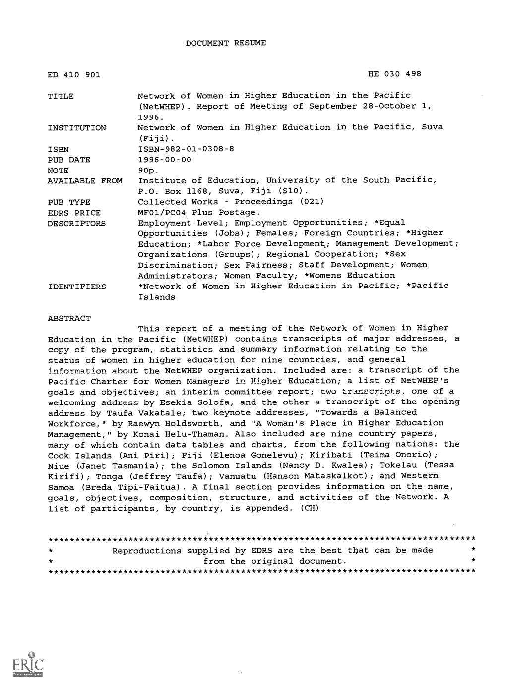 Network of Women in Higher Education in the Pacific (Netwhep). Report of Meeting of September 28-October 1, 1996