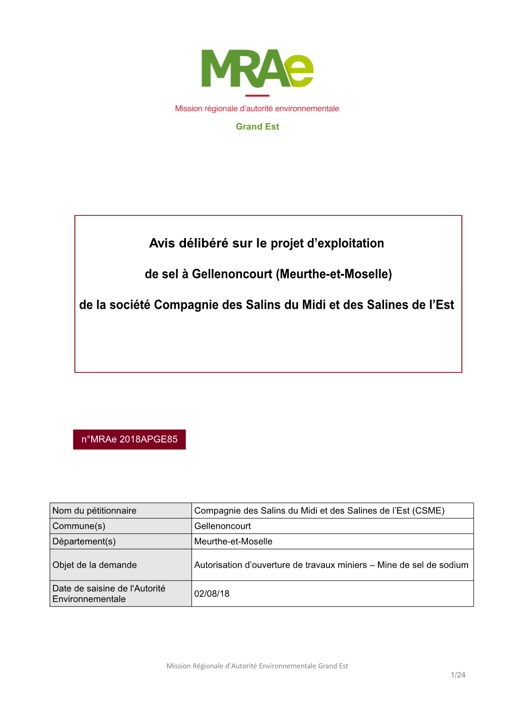 Avis Délibéré Sur Le Projet D'exploitation De Sel À Gellenoncourt