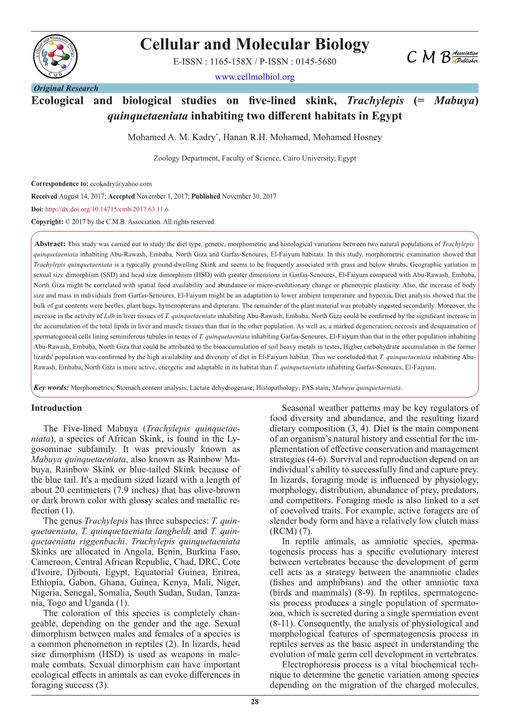 Ecological and Biological Studies on Five-Lined Skink, Trachylepis (= Mabuya) Quinquetaeniata Inhabiting Two Different Habitats in Egypt