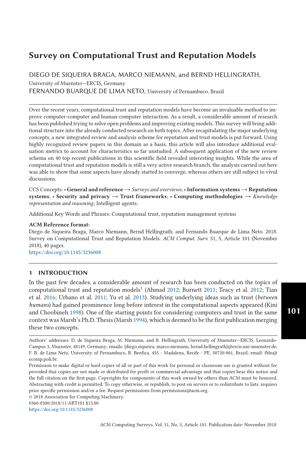 101 Survey on Computational Trust and Reputation Models