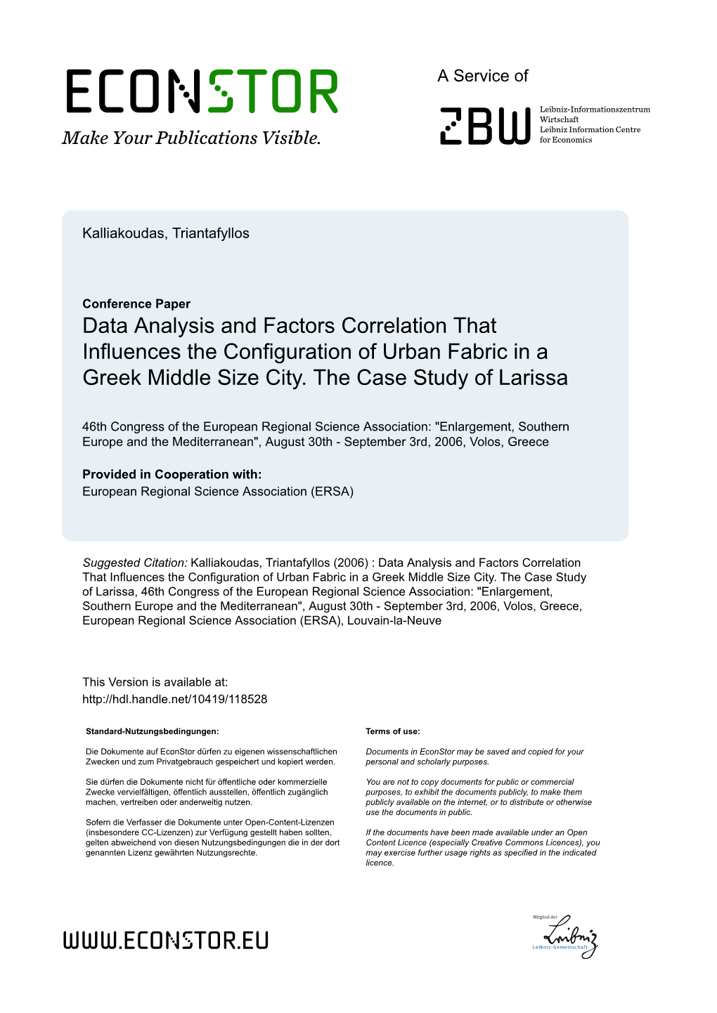 Data Analysis and Factors Correlation That Influences the Configuration of Urban Fabric in a Greek Middle Size City