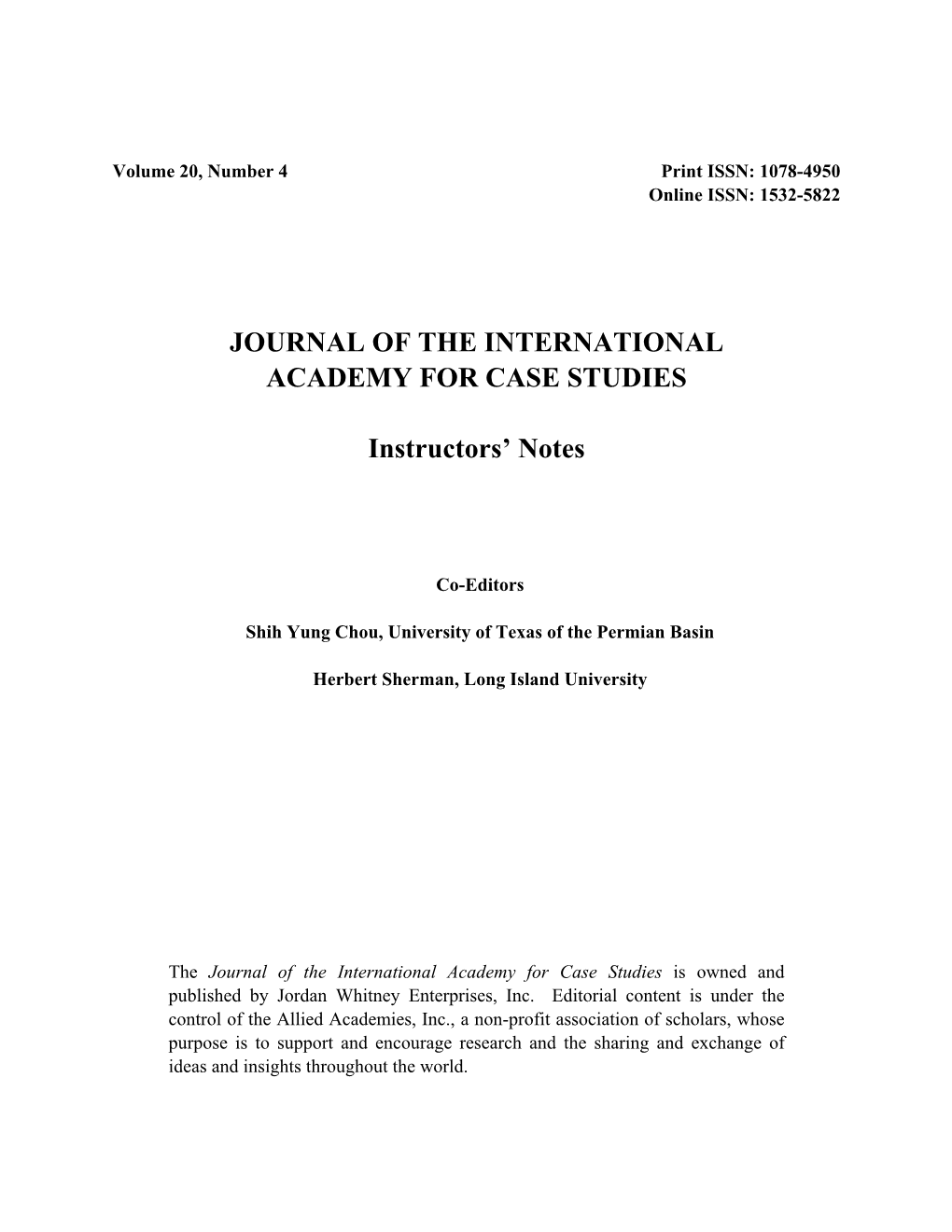 Journal of the International Academy for Case Studies