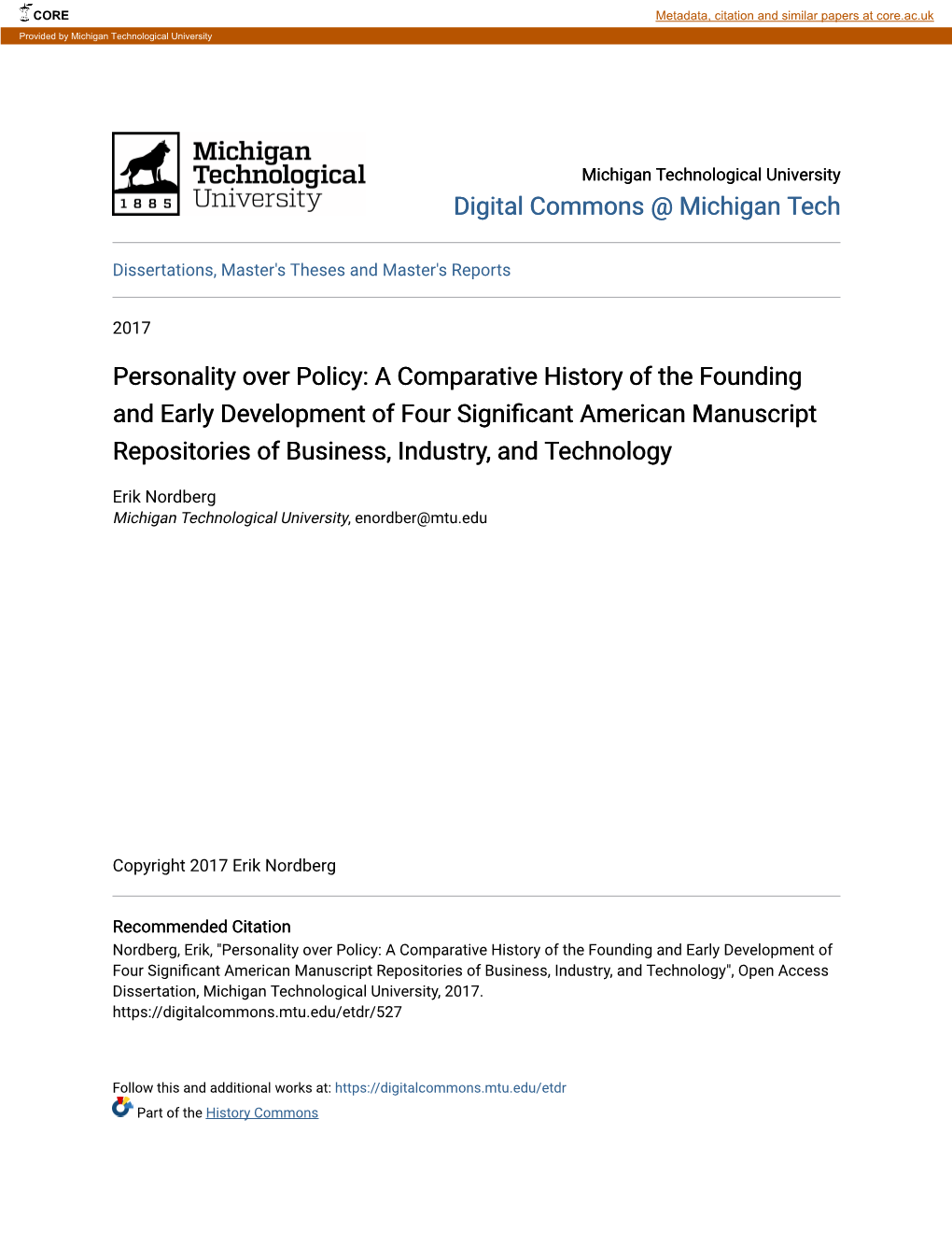 A Comparative History of the Founding and Early Development of Four Significant American Manuscript Repositories of Business, Industry, and Technology