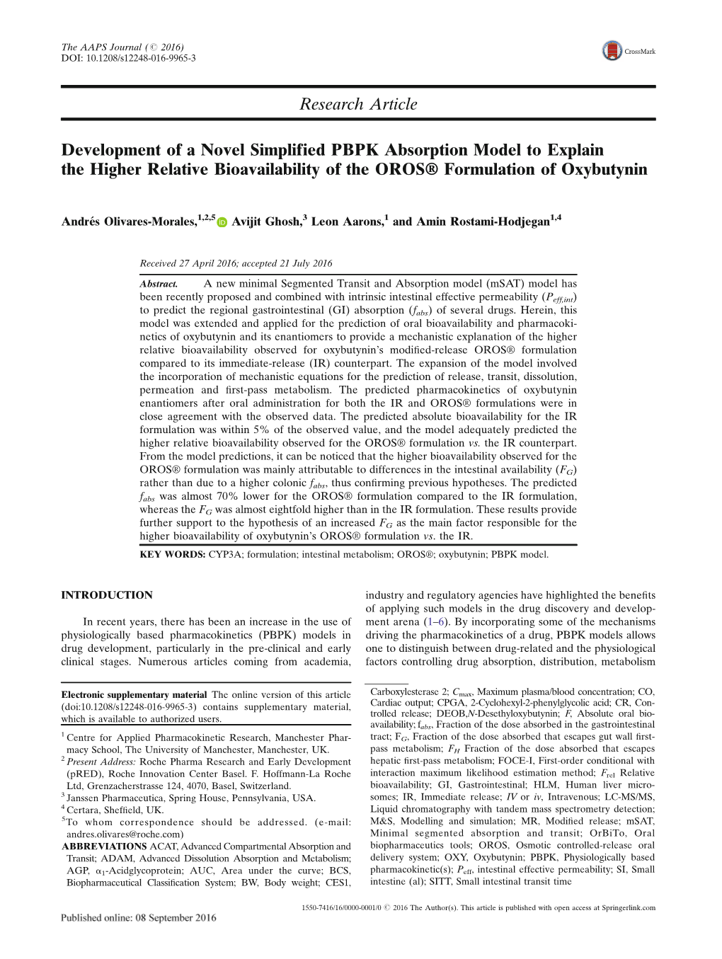 Development of a Novel Simplified PBPK Absorption Model to Explain the Higher Relative Bioavailability of the OROS® Formulation of Oxybutynin