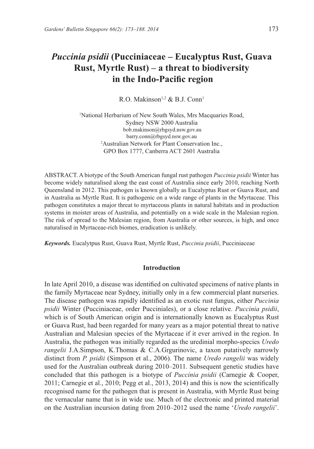 Puccinia Psidii (Pucciniaceae – Eucalyptus Rust, Guava Rust, Myrtle Rust) – a Threat to Biodiversity in the Indo-Pacific Region