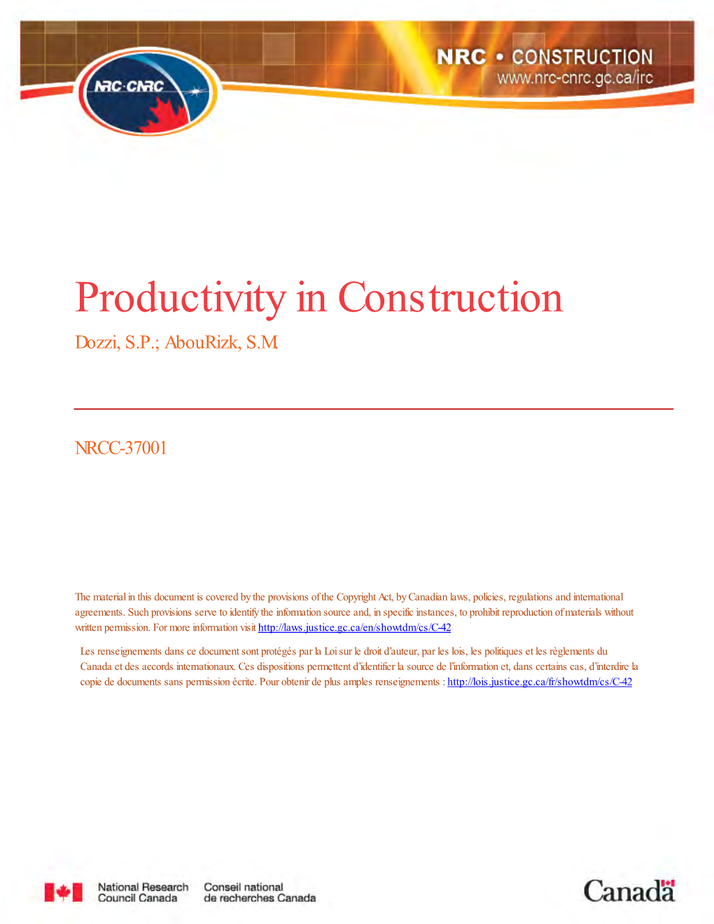 Productivity in Construction Dozzi, S.P.; Abourizk, S.M