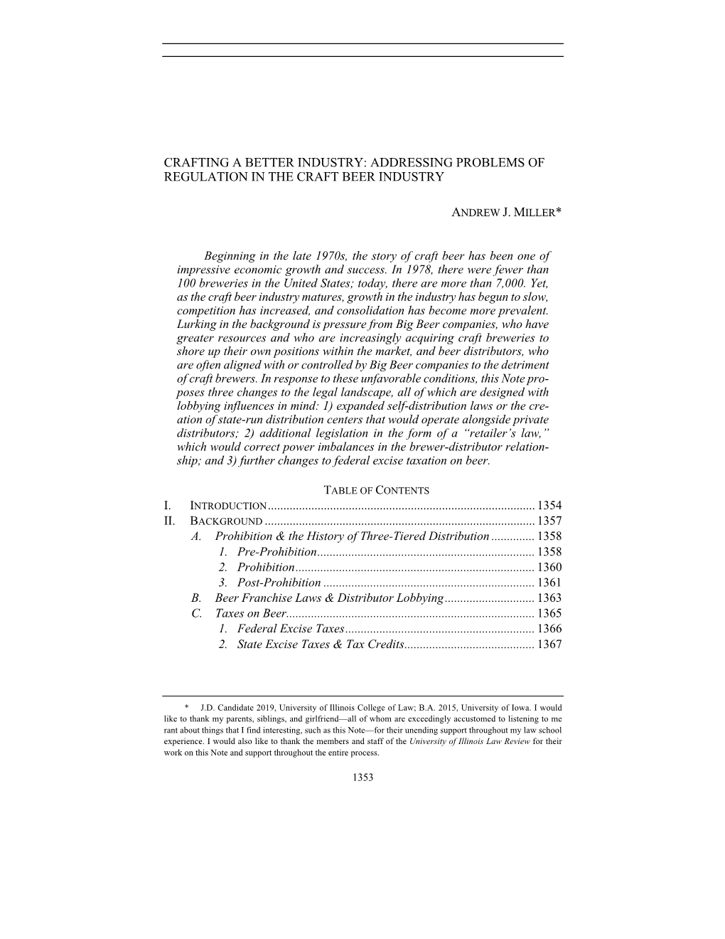 Addressing Problems of Regulation in the Craft Beer Industry Andrew J. Miller