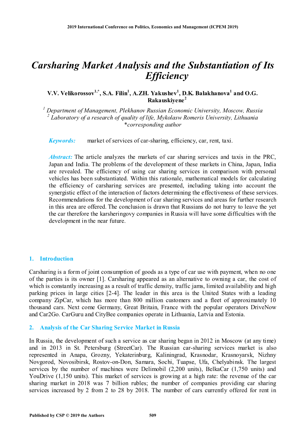 Carsharing Market Analysis and the Substantiation of Its Efficiency