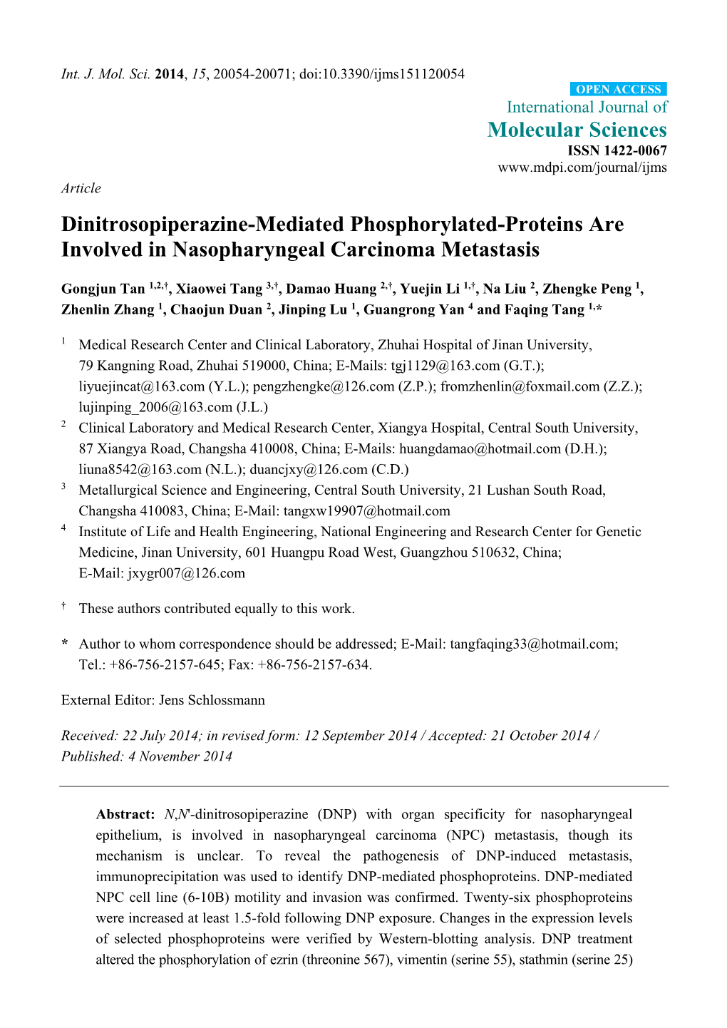 Dinitrosopiperazine-Mediated Phosphorylated-Proteins Are Involved in Nasopharyngeal Carcinoma Metastasis