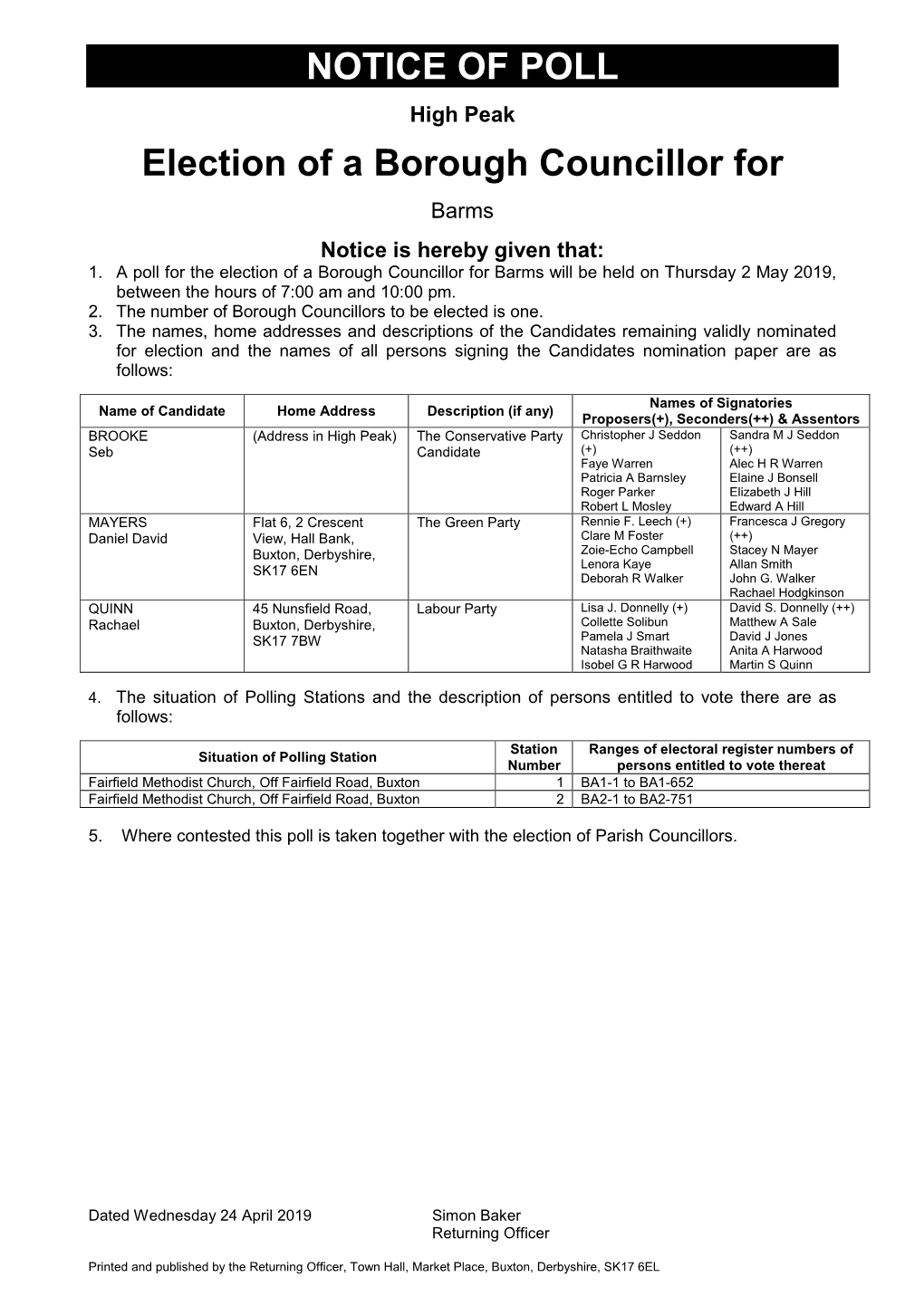 NOTICE of POLL Election of a Borough Councillor