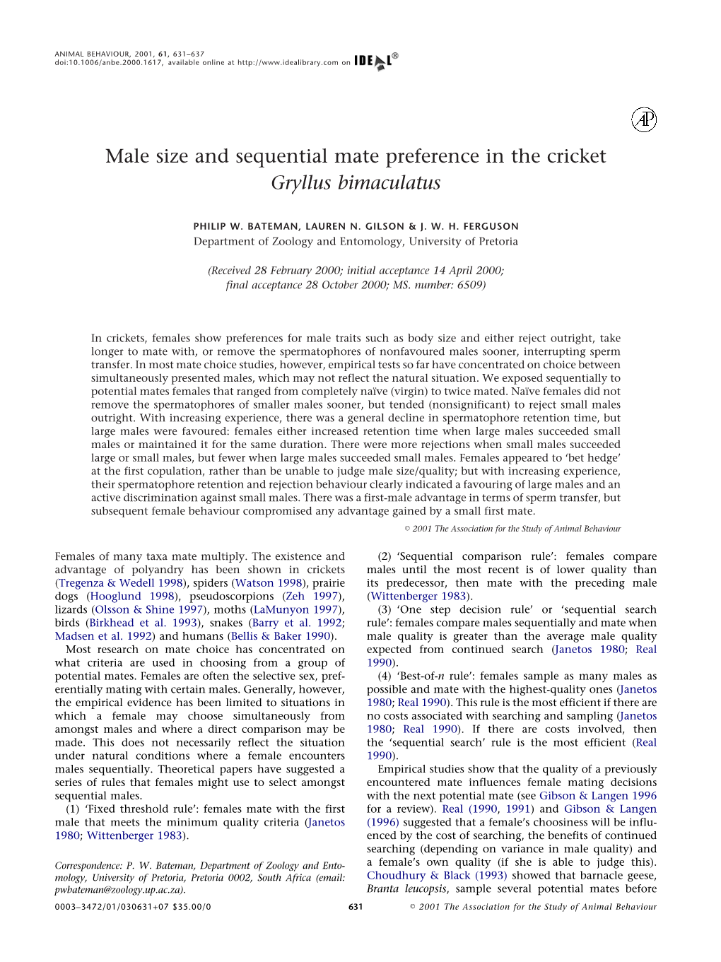 Male Size and Sequential Mate Preference in the Cricket Gryllus Bimaculatus