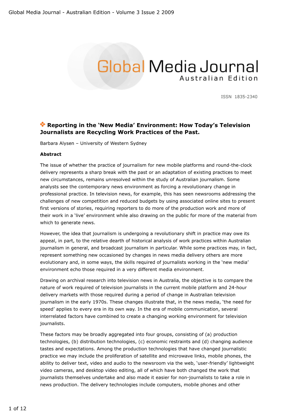 Global Media Journal - Australian Edition - Volume 3 Issue 2 2009