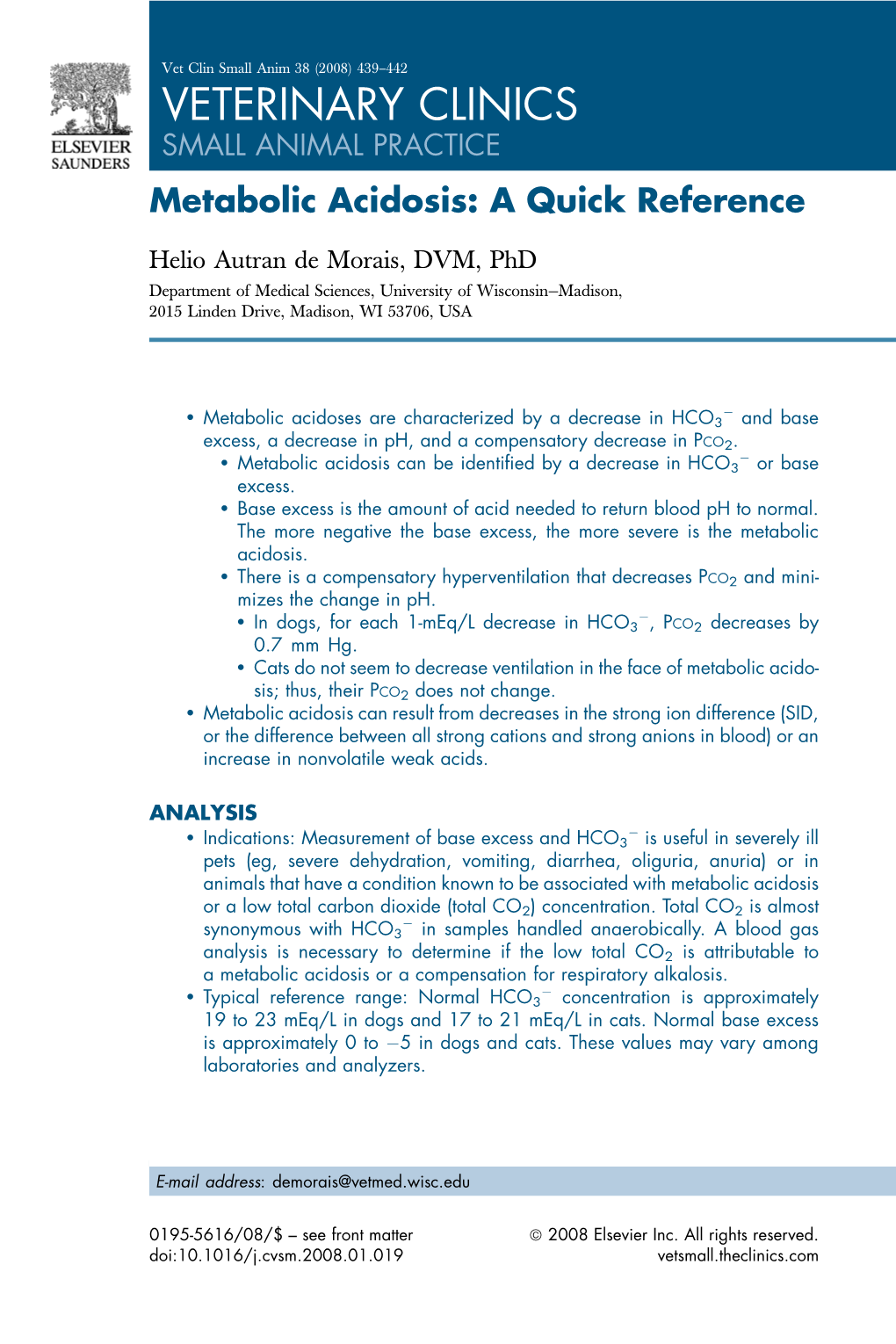 VETERINARY CLINICS SMALL ANIMAL PRACTICE Metabolic Acidosis: a Quick Reference