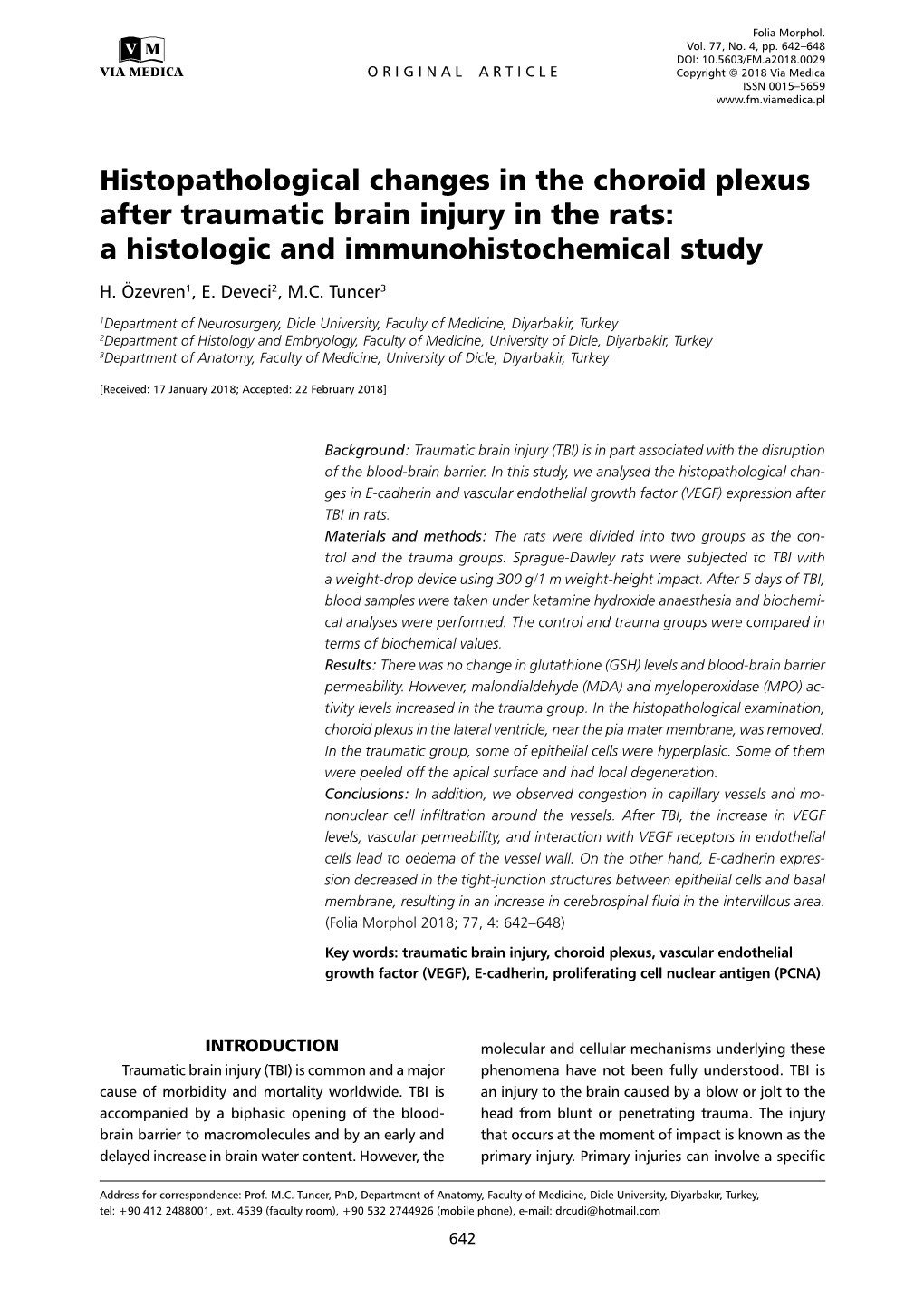 Histopathological Changes in the Choroid Plexus After Traumatic Brain Injury in the Rats: a Histologic and Immunohistochemical Study H