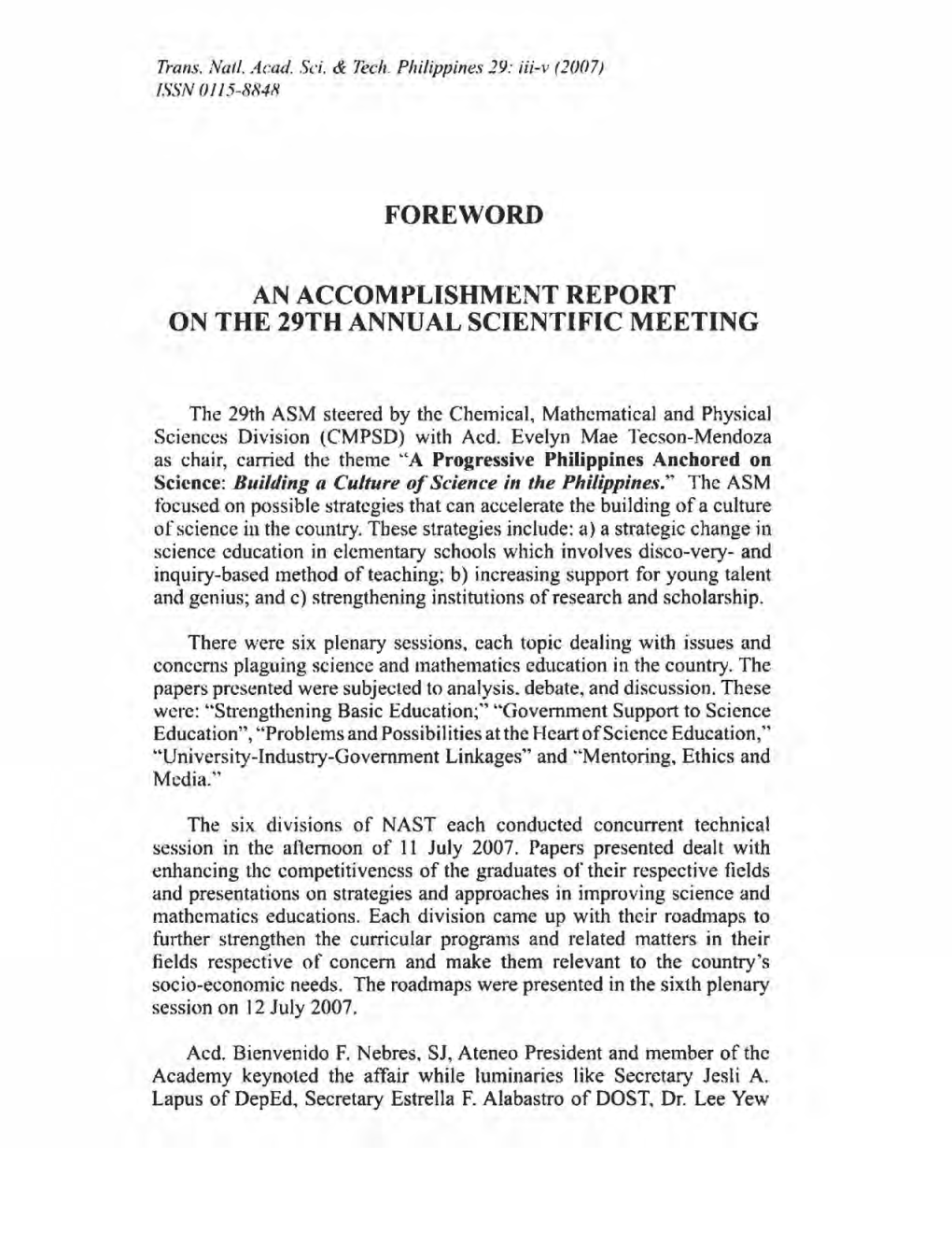 Foreword an Accomplishment Report on the 29Th Annual Scientific Meeting