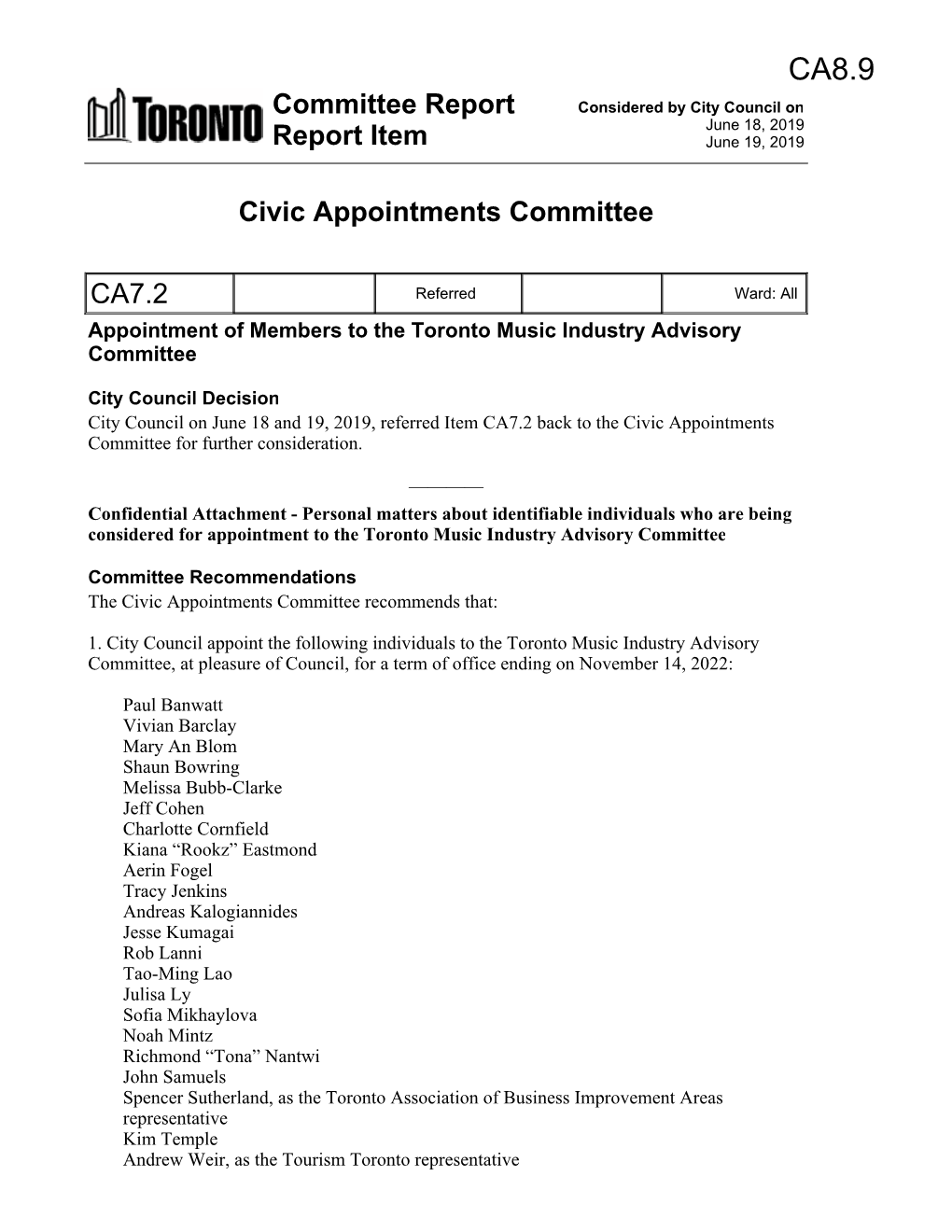 Committee Report Report Item Civic Appointments Committee CA7.2