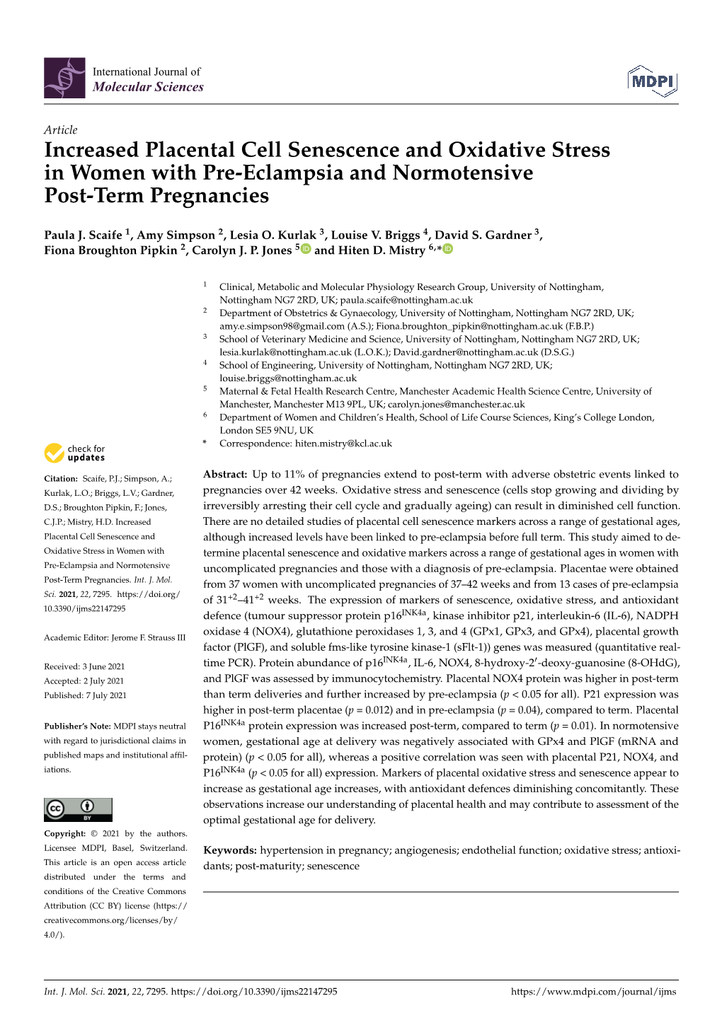Increased Placental Cell Senescence and Oxidative Stress in Women with Pre-Eclampsia and Normotensive Post-Term Pregnancies