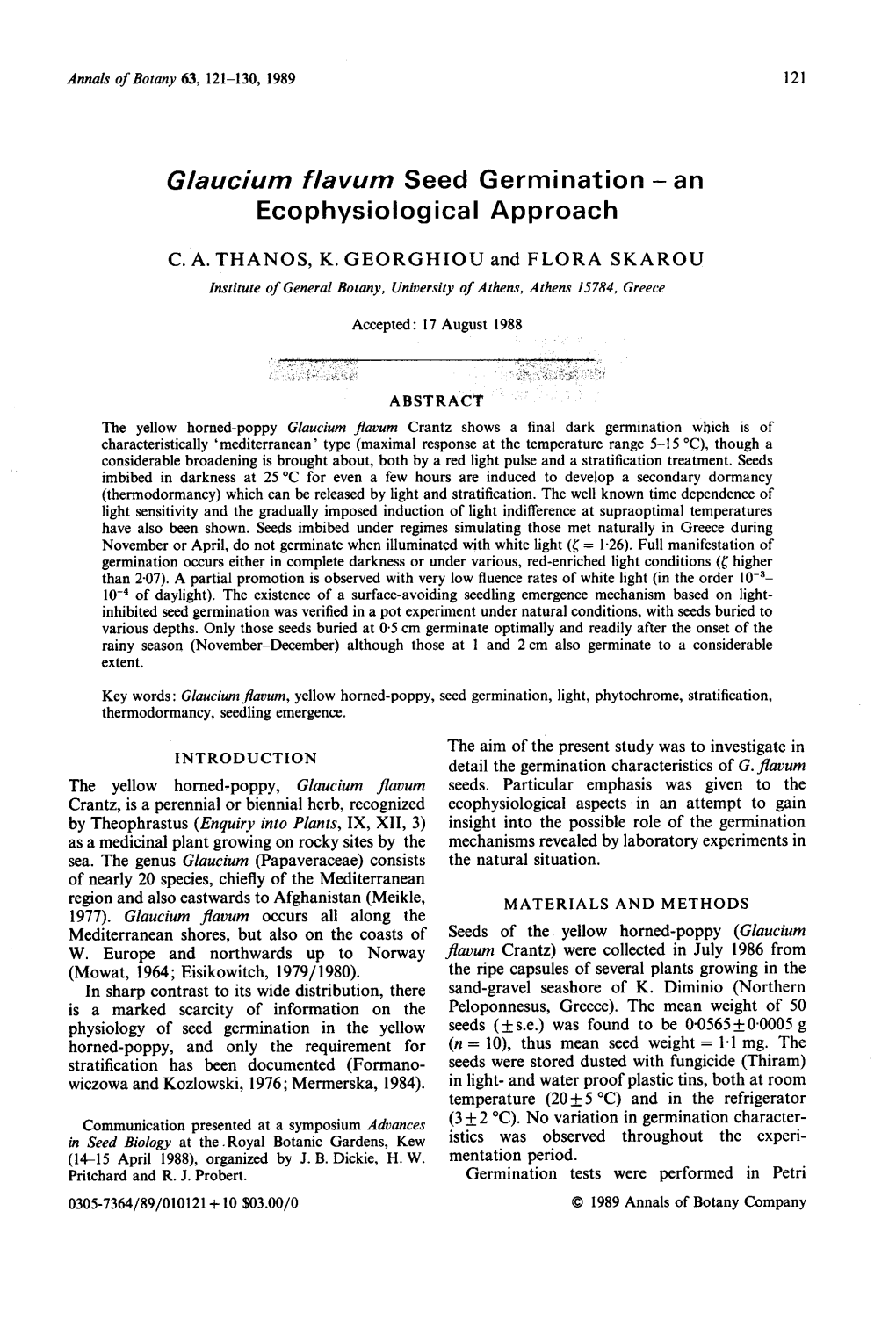 Glaucium Flavum Seed Germination - an Ecophysiological Approach