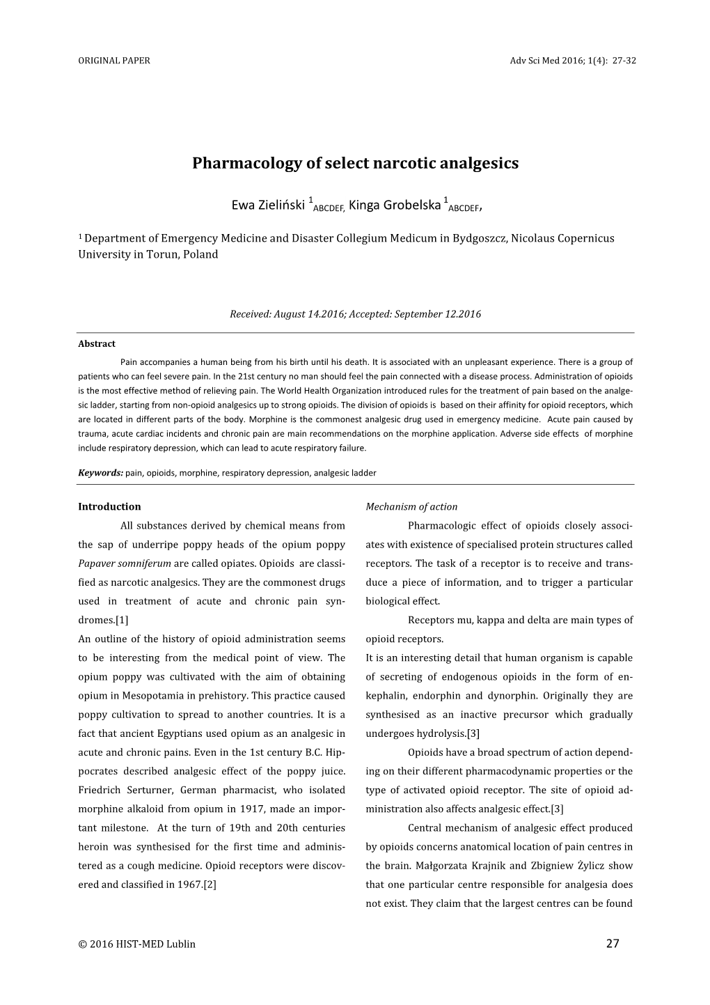 Pharmacology of Select Narcotic Analgesics