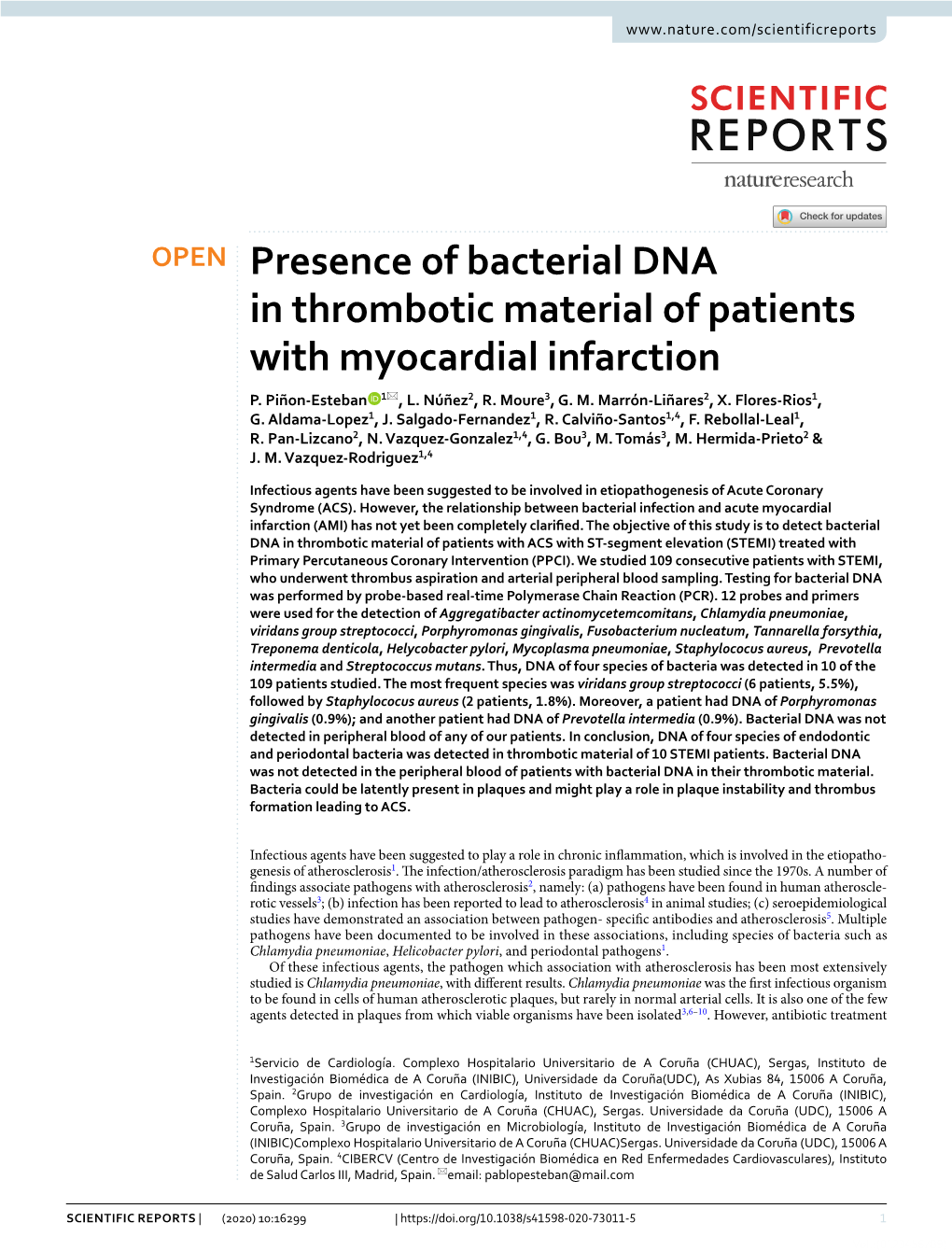 Presence of Bacterial DNA in Thrombotic Material of Patients with Myocardial Infarction P