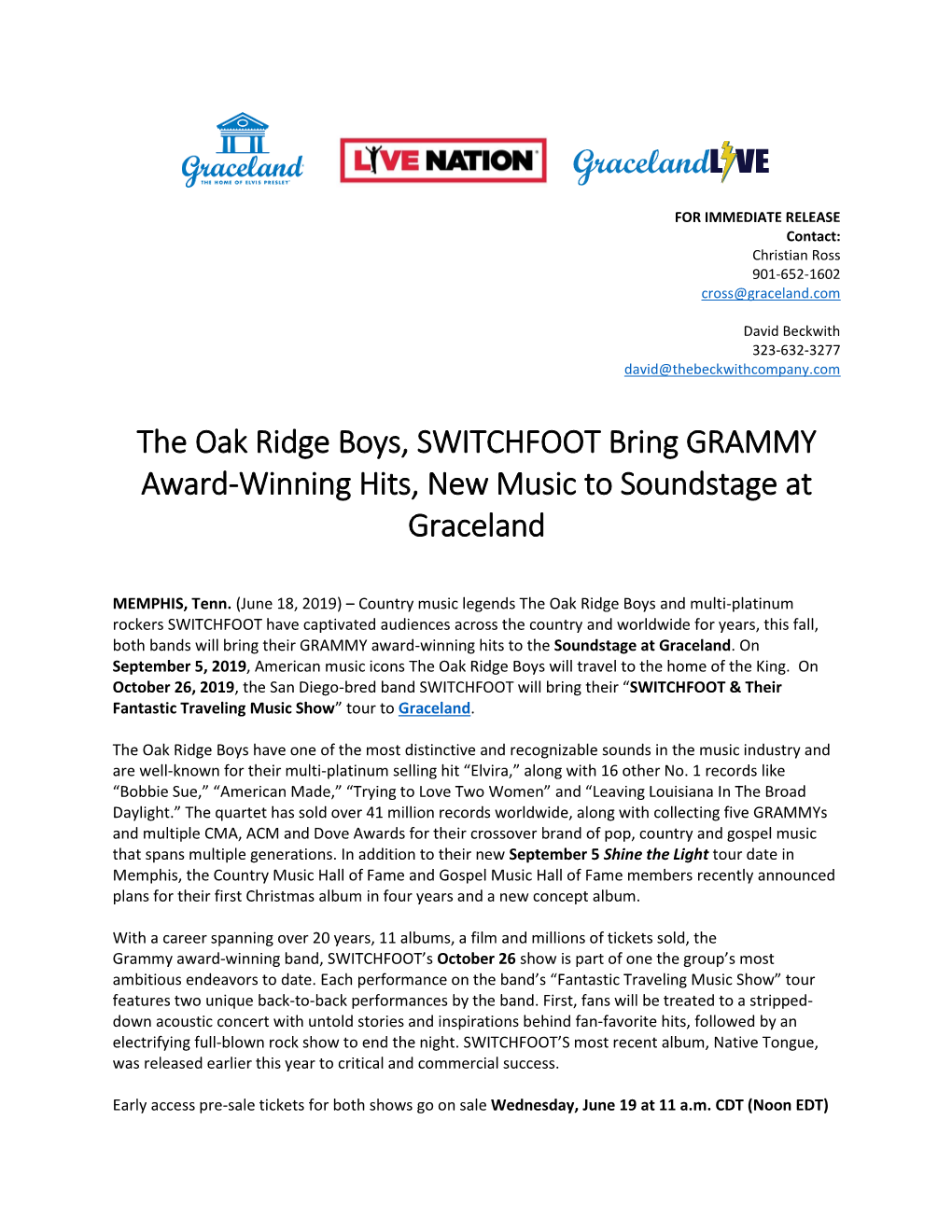 The Oak Ridge Boys, SWITCHFOOT Bring GRAMMY Award-Winning Hits, New Music to Soundstage at Graceland