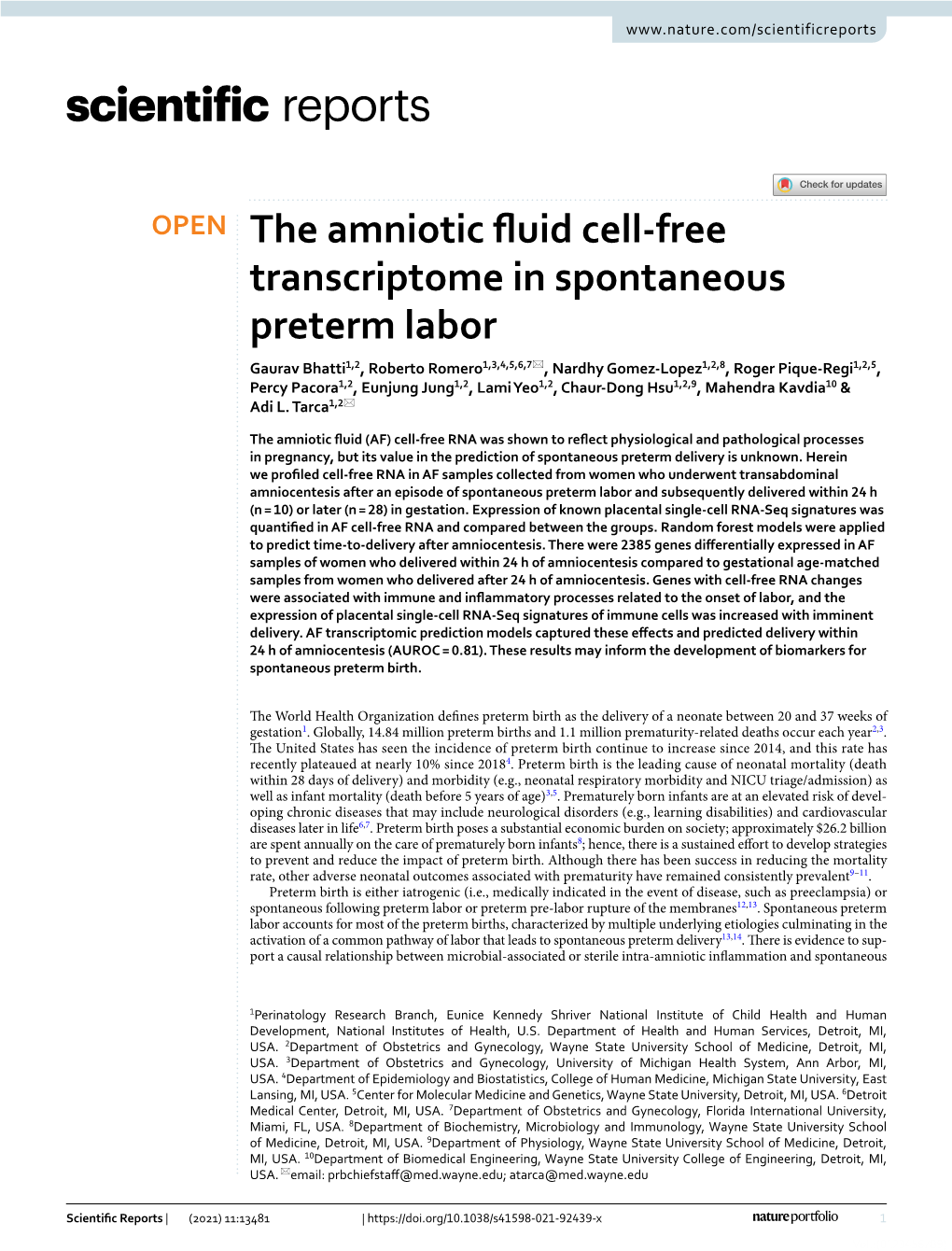 The Amniotic Fluid Cell-Free Transcriptome in Spontaneous