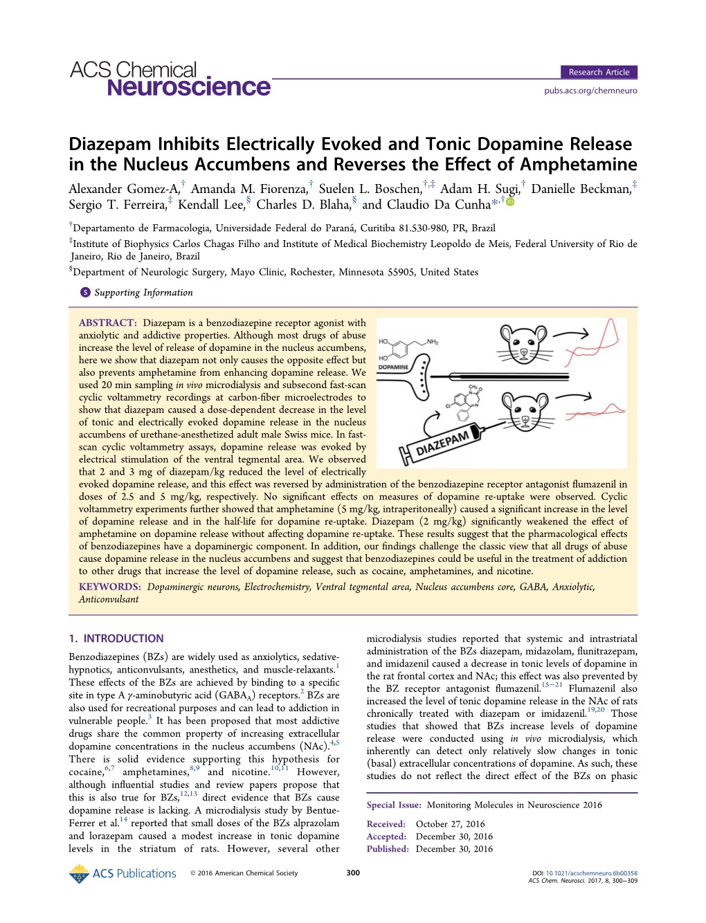 Diazepam Inhibits Electrically Evoked and Tonic Dopamine Release In