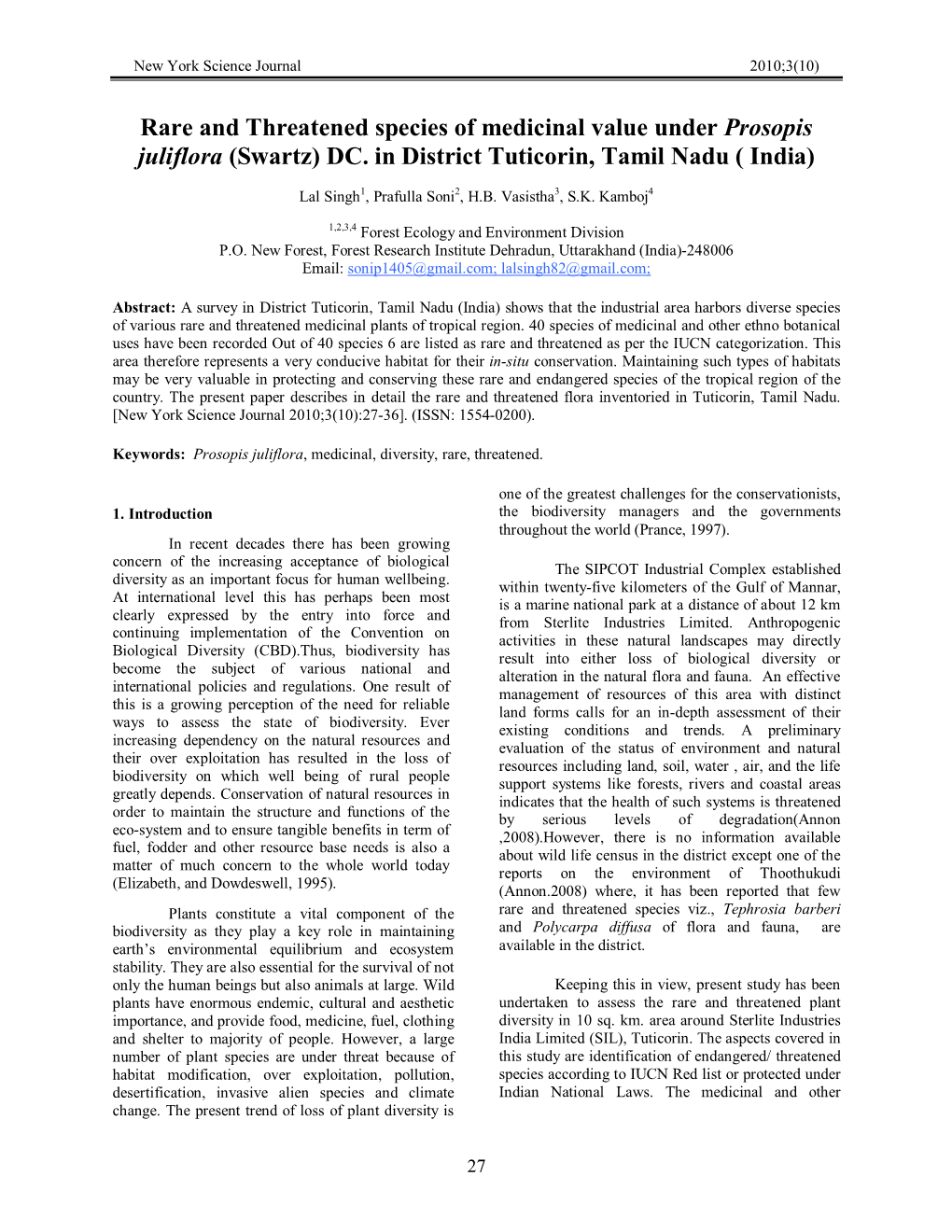 Rare and Threatened Species of Medicinal Value Under Prosopis Juliflora (Swartz) DC