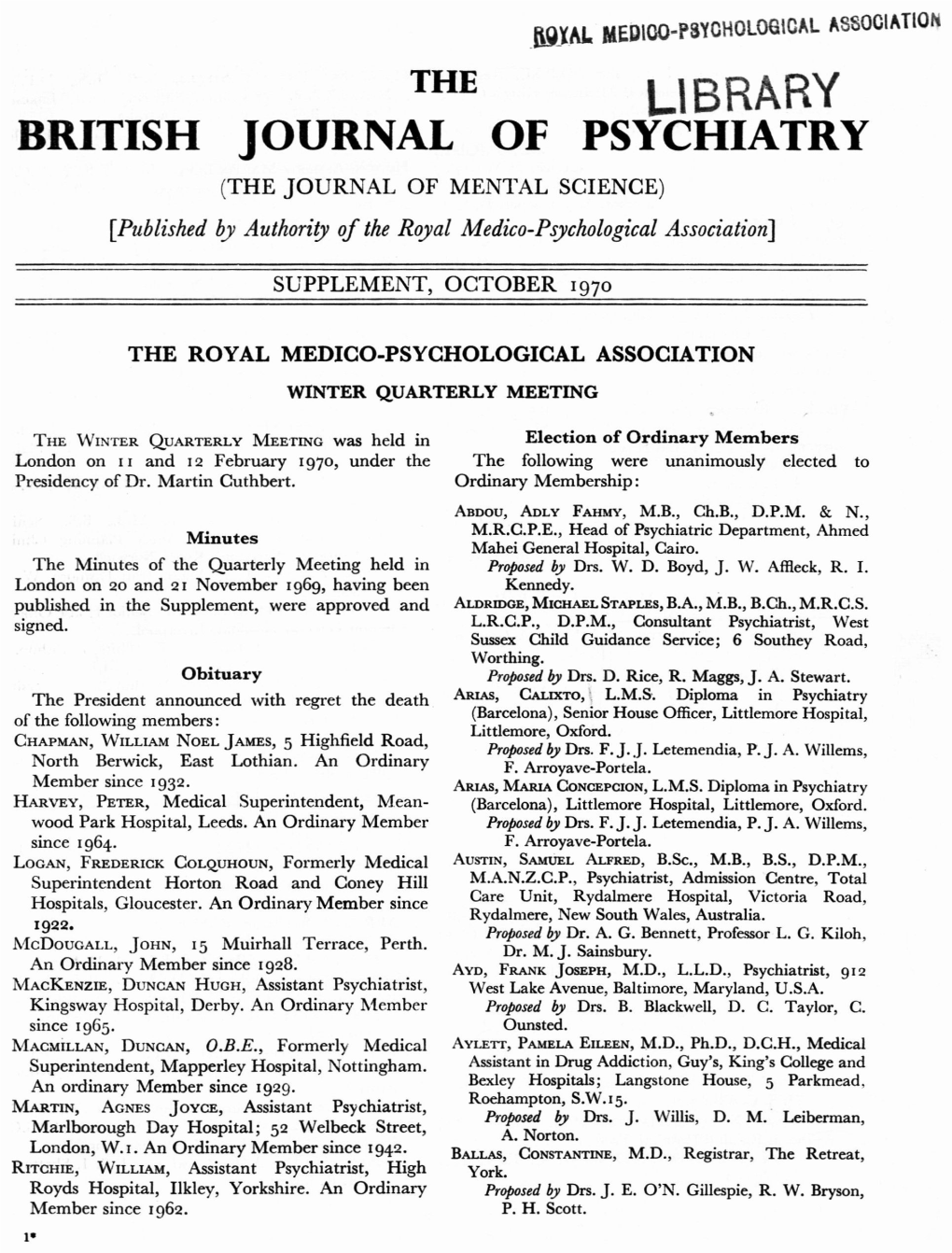 Library British Journal of Psychiatry (The Journal of Mental Science)