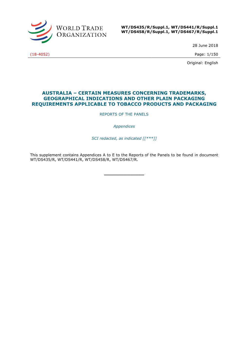 Australia – Certain Measures Concerning Trademarks, Geographical Indications and Other Plain Packaging Requirements Applicable to Tobacco Products and Packaging