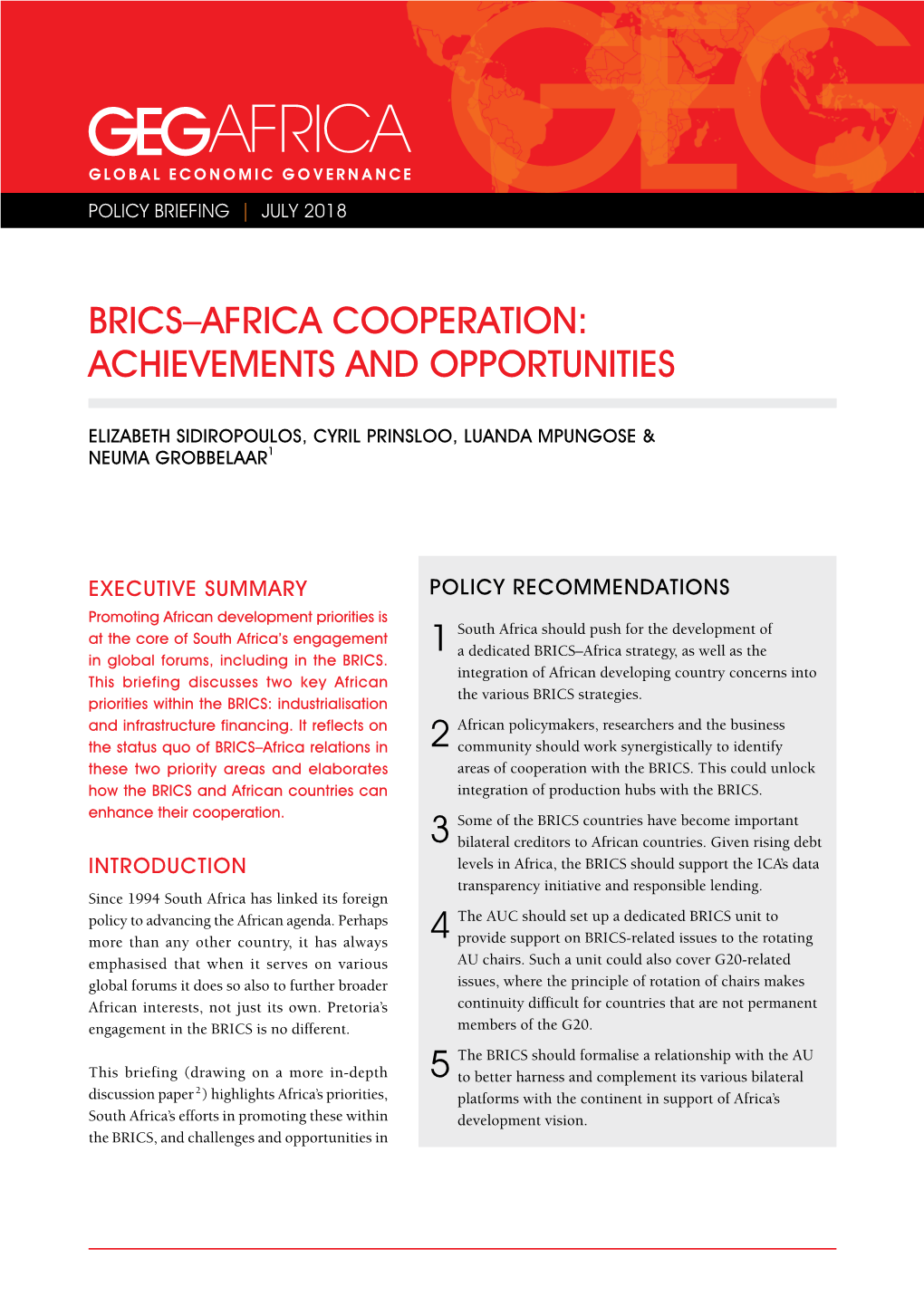 Brics–Africa Cooperation: Achievements and Opportunities