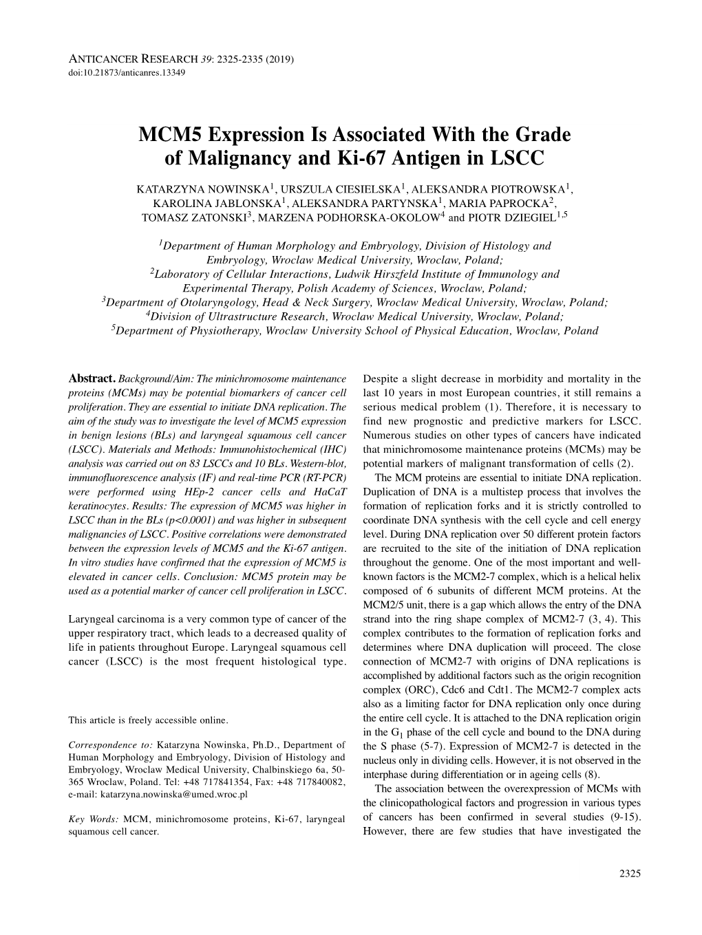 MCM5 Expression Is Associated with the Grade of Malignancy and Ki-67