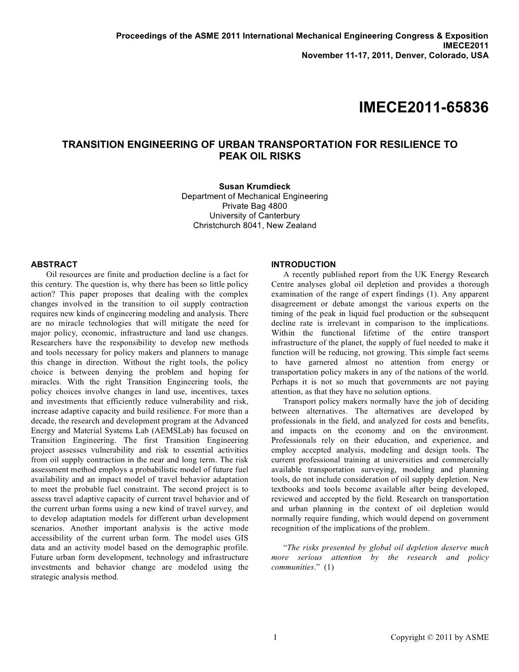 Transition Engineering of Urban Transportation for Resilience to Peak Oil Risks