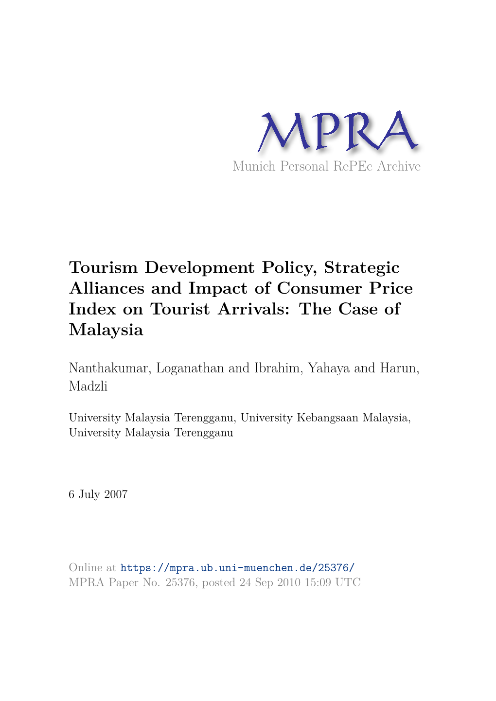 Tourism Development Policy, Strategic Alliances and Impact of Consumer Price Index on Tourist Arrivals: the Case of Malaysia