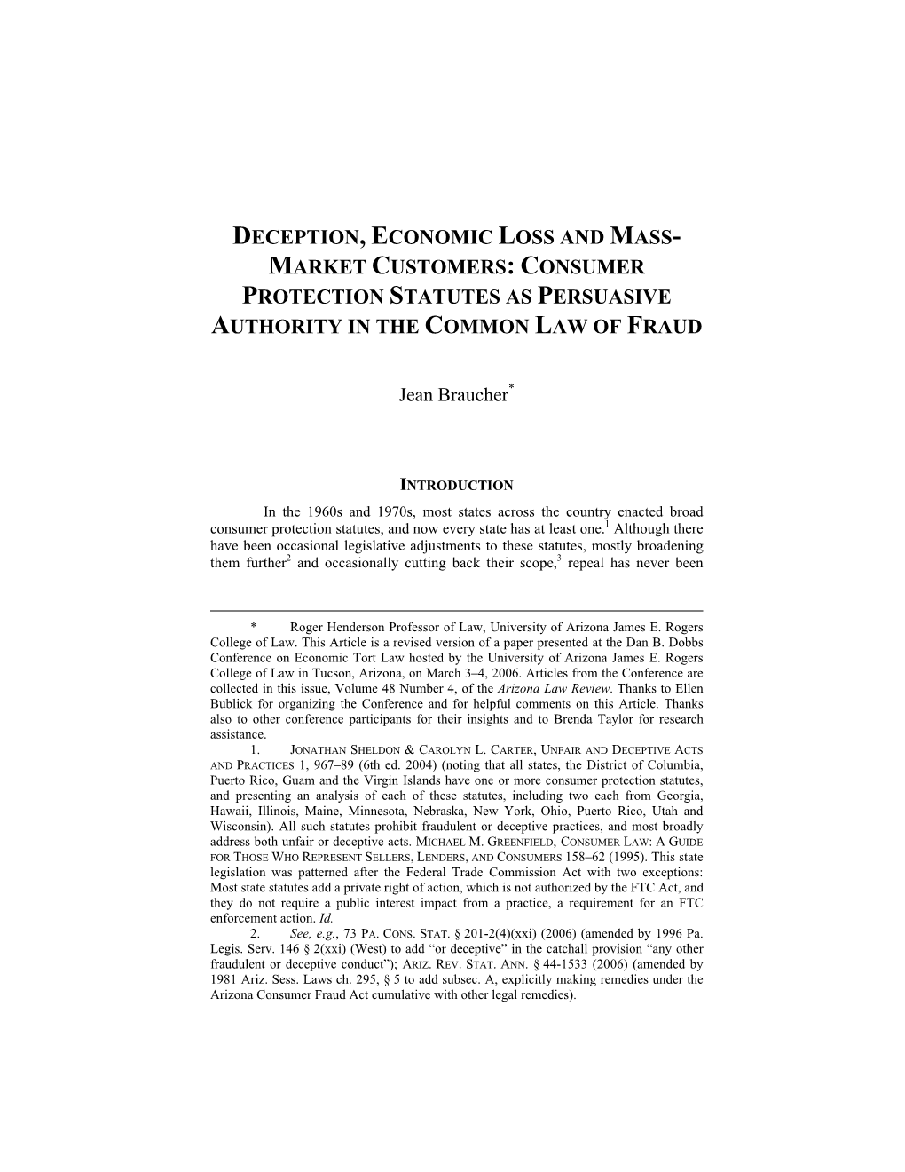 Deception, Economic Loss and Mass- Market Customers: Consumer Protection Statutes As Persuasive Authority in the Common Law of Fraud