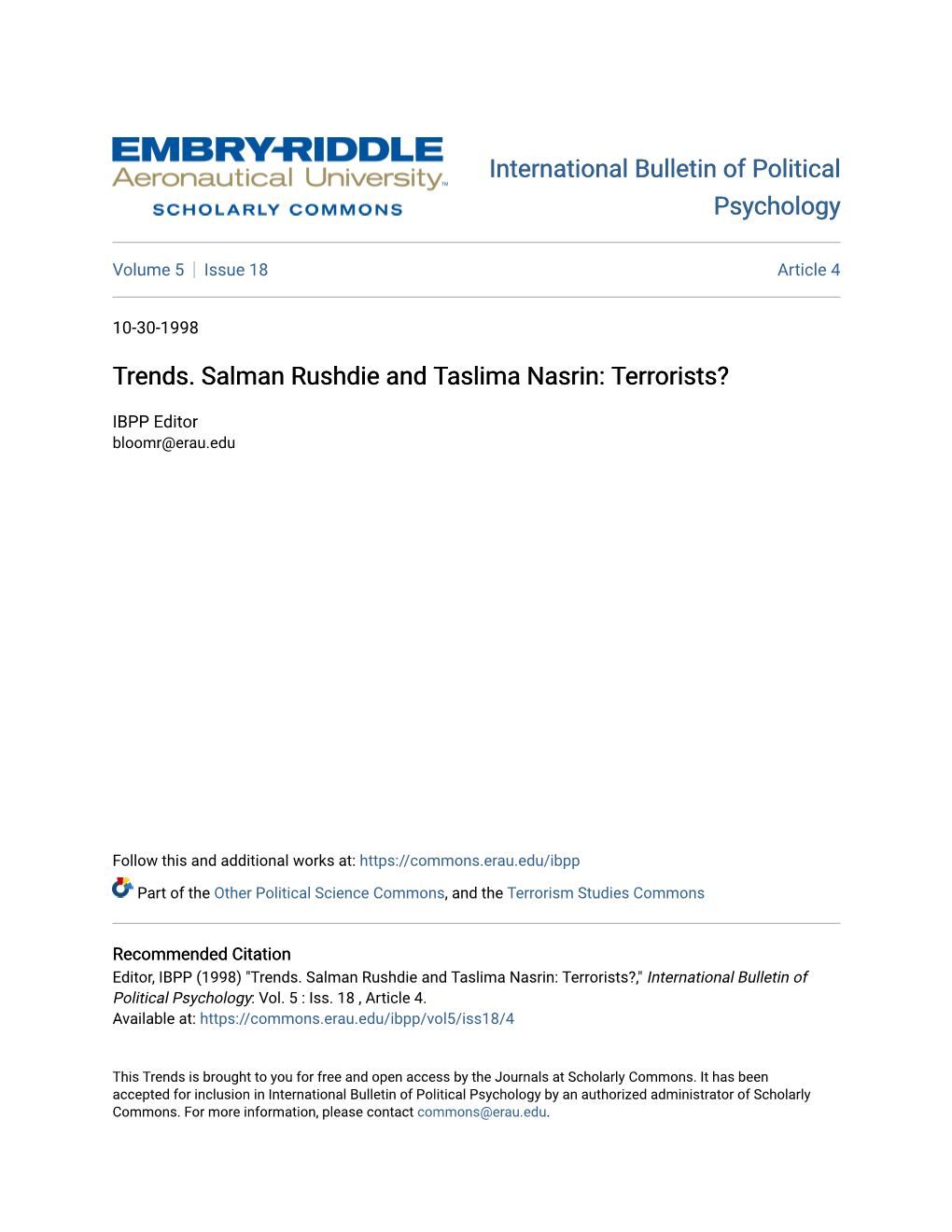 Trends. Salman Rushdie and Taslima Nasrin: Terrorists?