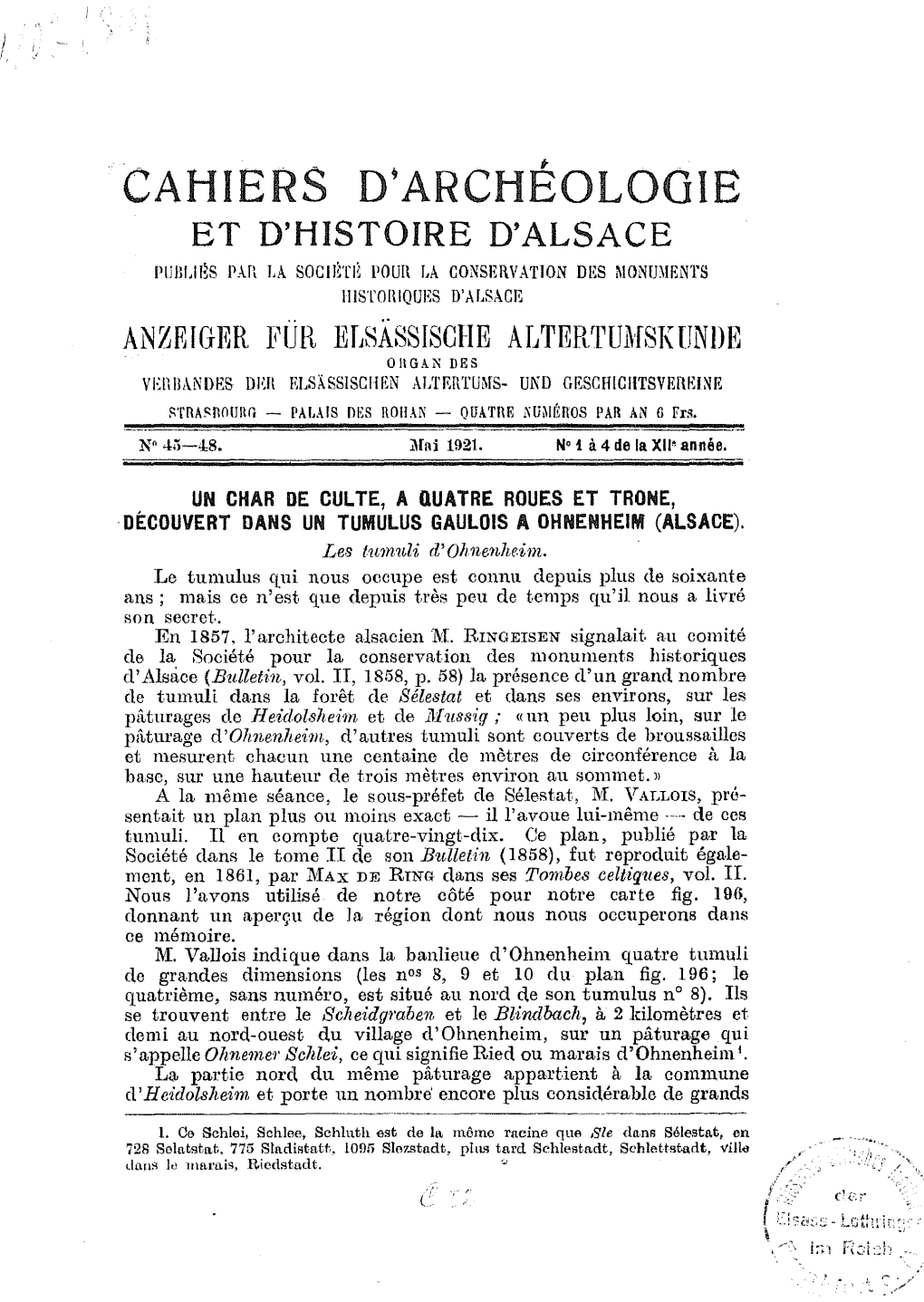 CAHIERS O;ARCHÉOLOGIE ET D'histoire D'alsace PUBLII~S P.Ul LA SOCJI~Tlt Noon LA CONSERVATION DES MONŒŒNTS Iiistolllques D'alsace